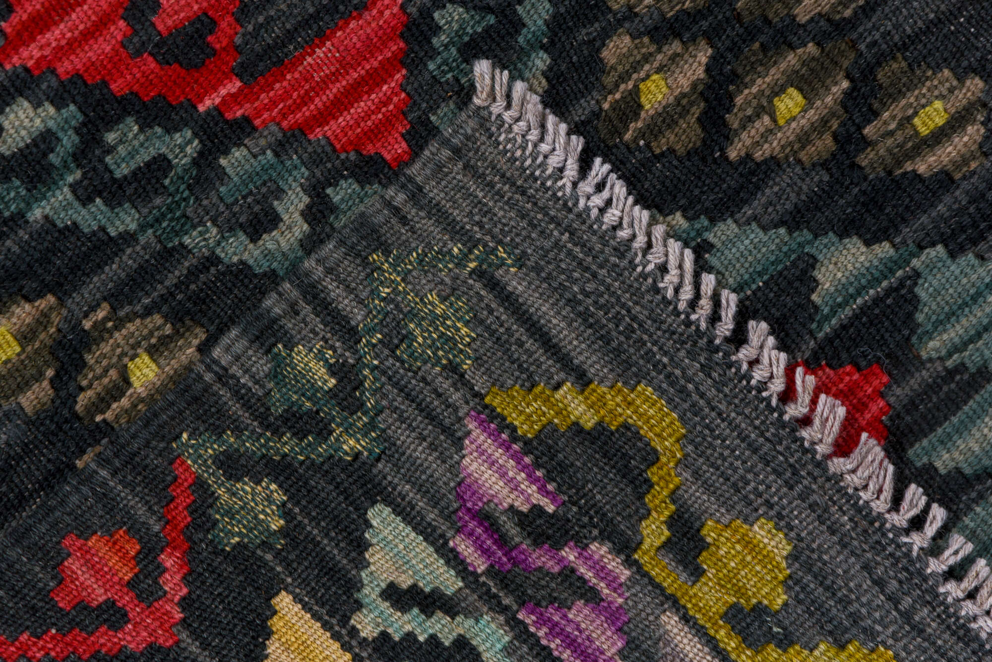 2' x 8' one-of-a-kind handmade vintage Kilim runner rug. Color palette: black, blue, brown, burgundy, gray, pink, red