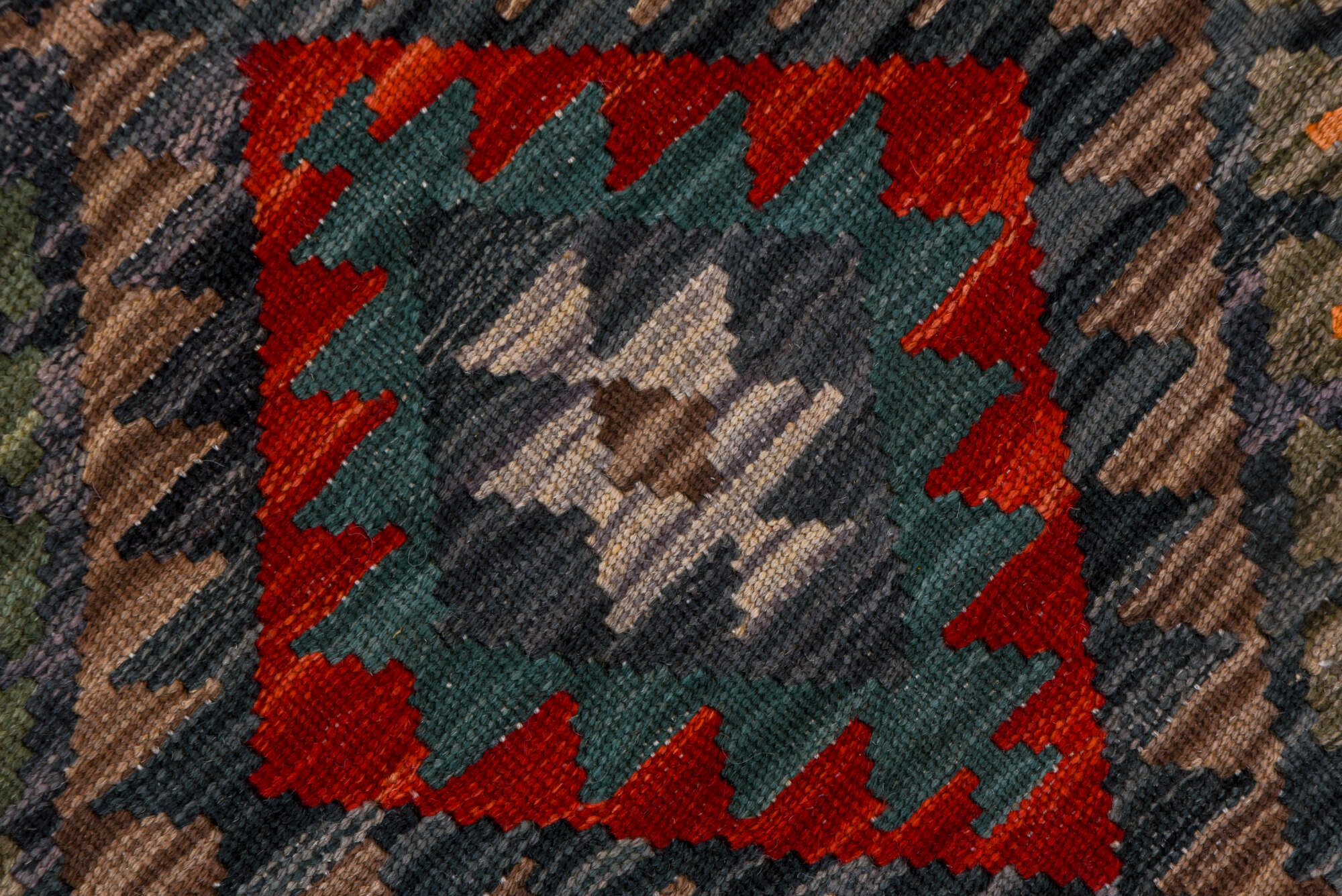 2' x 9' one-of-a-kind handmade vintage Kilim runner rug. Color palette: black, blue, brown, gray, pink, red