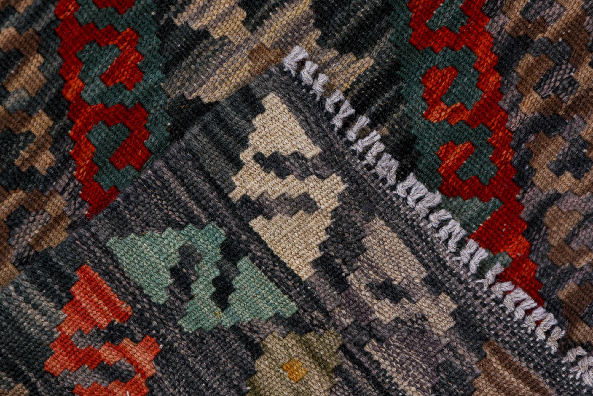 2' x 9' one-of-a-kind handmade vintage Kilim runner rug. Color palette: black, blue, brown, gray, pink, red