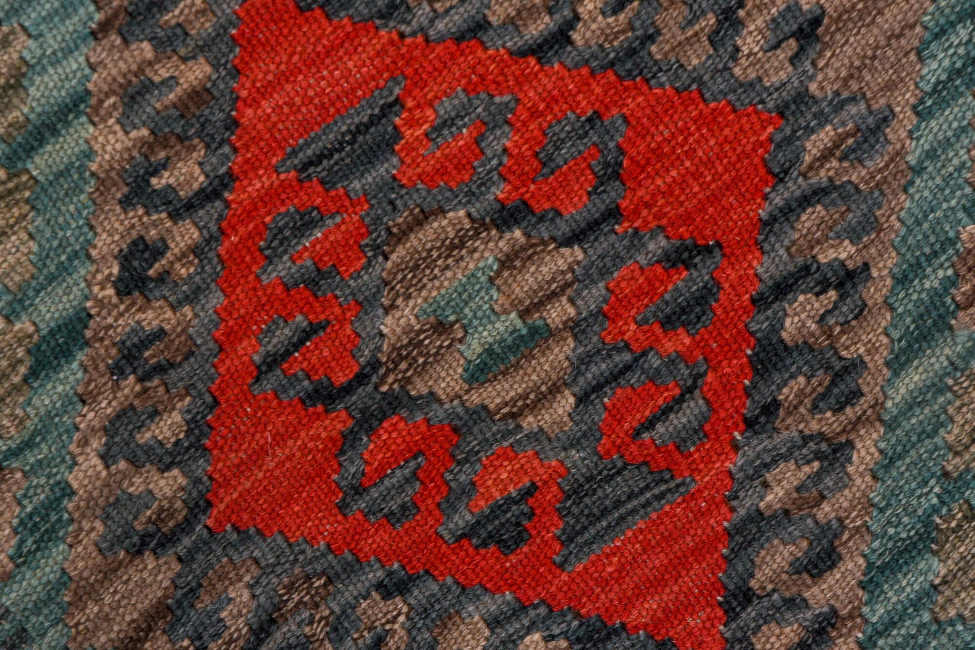 2' x 9' one-of-a-kind handmade vintage Kilim runner rug. Color palette: black, blue, brown, charcoal, gray, pink, red