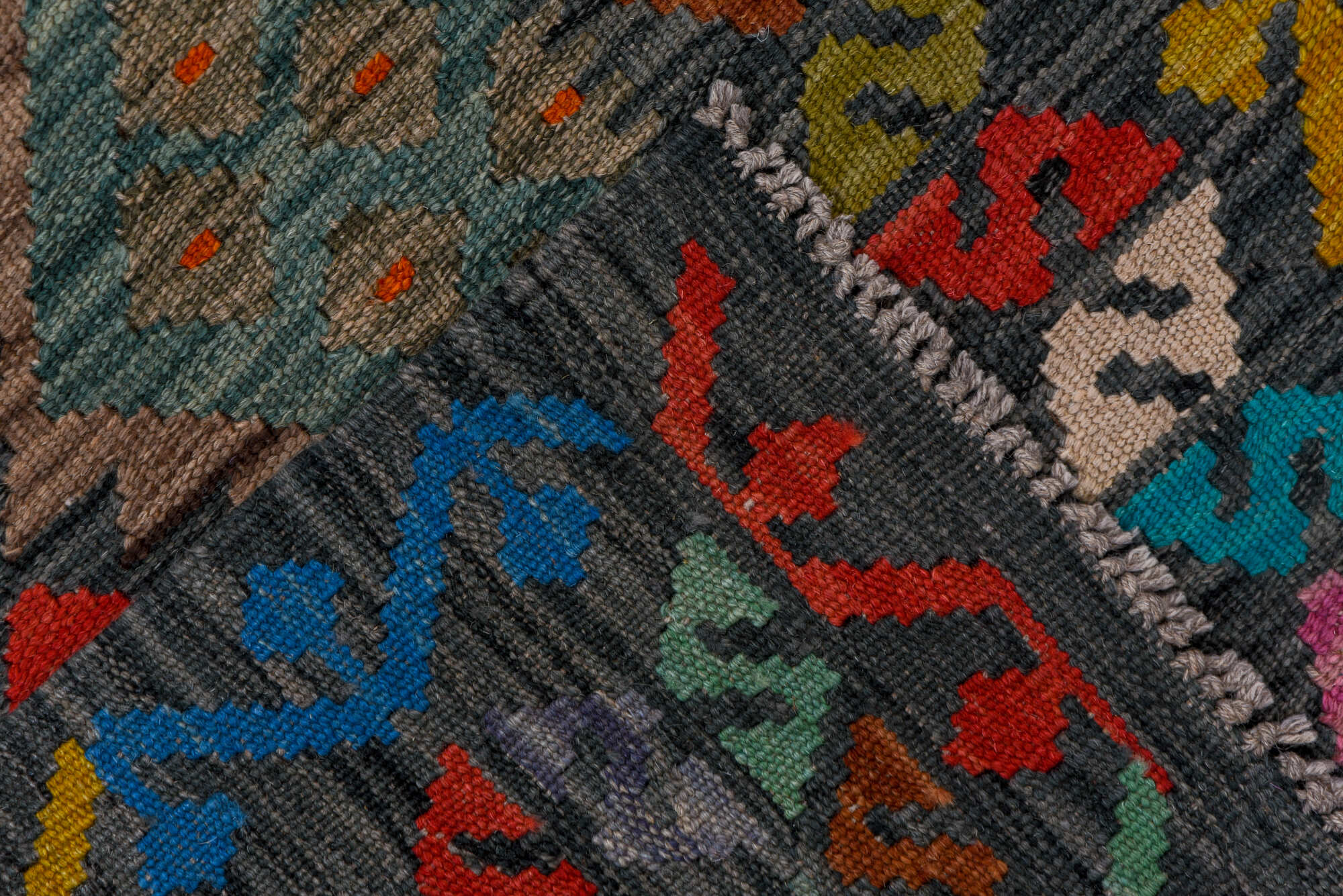 2' x 9' one-of-a-kind handmade vintage Kilim runner rug. Color palette: black, blue, brown, charcoal, gray, pink, red