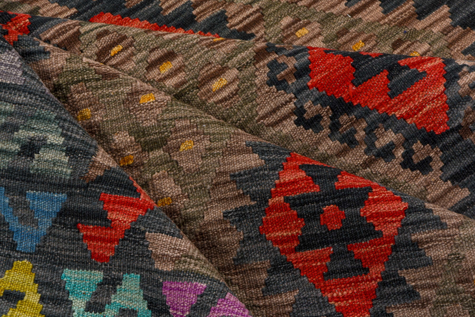 5' x 6' one-of-a-kind handmade vintage Kilim rug. Color palette: black, blue, brown, charcoal, dim gray, gray, pink, red
