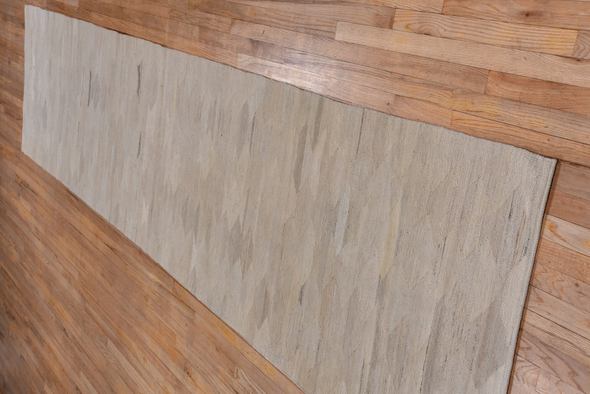 3' x 13' one-of-a-kind handmade vintage Kilim runner rug. Color palette: gray, light gray, off-white, pink, silver, snow