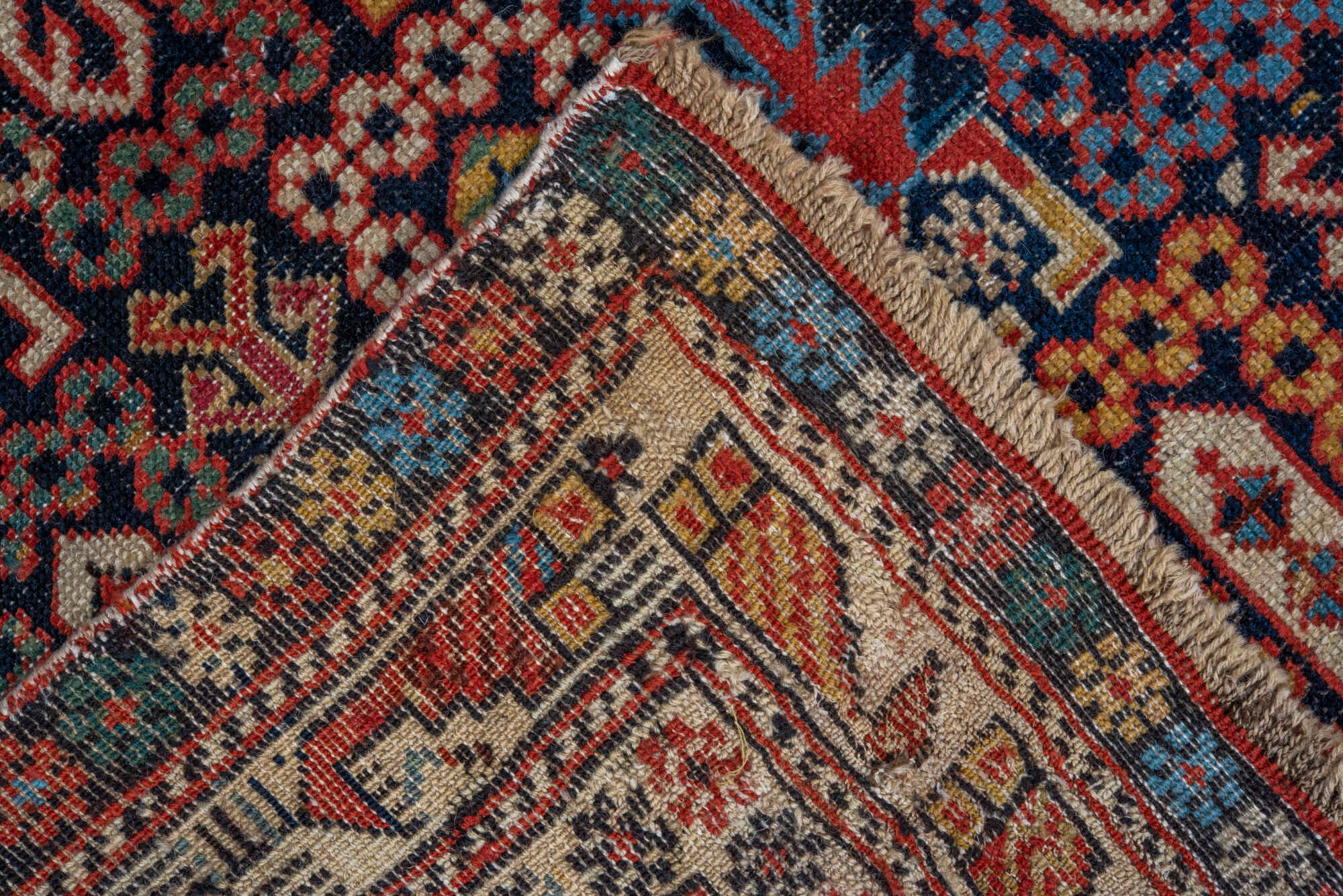 3' x 4' one-of-a-kind handmade vintage Shirvan small size rug. Color palette: black, blue, brown, gray, red