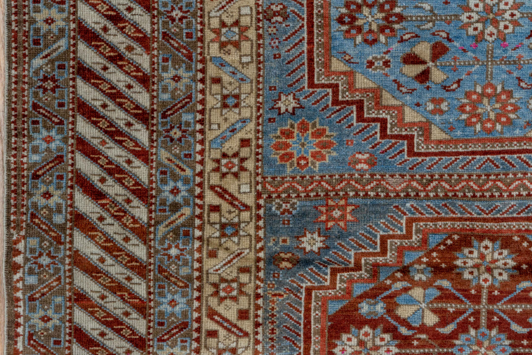 3' x 5' one-of-a-kind handmade vintage Shirvan small size rug. Color palette: brown, gray, pink, red, blue, slate gray