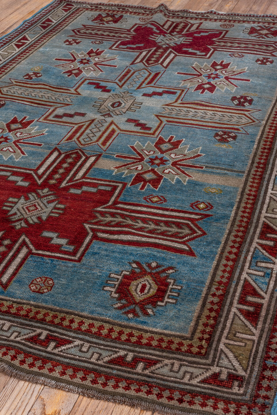 3' x 5' one-of-a-kind handmade vintage Shirvan small size rug. Color palette: gray, brown, blue, light blue, light gray