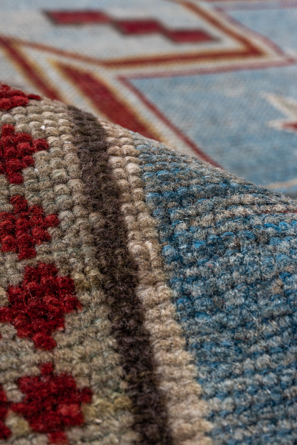 3' x 5' one-of-a-kind handmade vintage Shirvan small size rug. Color palette: gray, brown, blue, light blue, light gray
