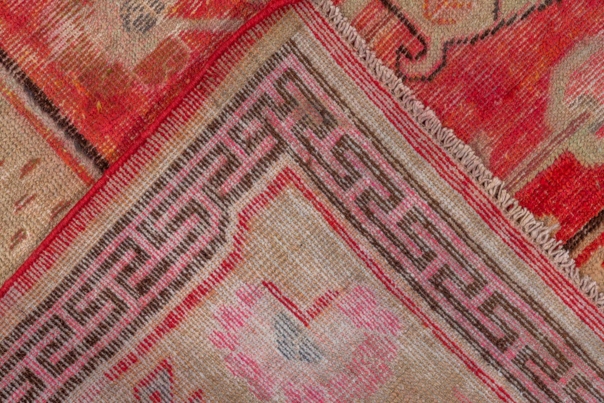 5' x 10' one-of-a-kind handmade vintage Khotan runner rug. Color palette: brown, fire brick, light coral, off-white, pink