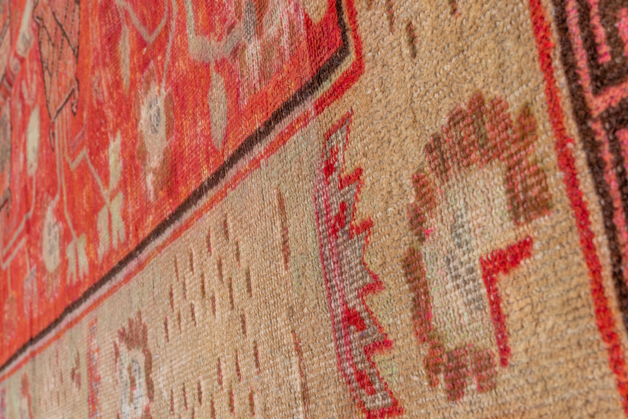 5' x 10' one-of-a-kind handmade vintage Khotan runner rug. Color palette: brown, fire brick, light coral, off-white, pink