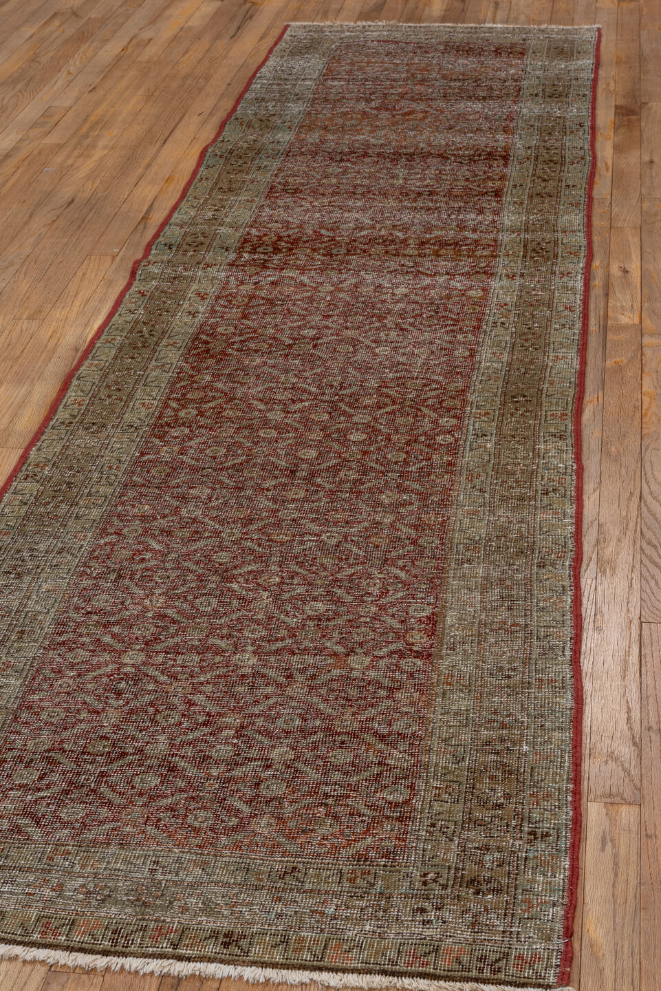 2' x 10' one-of-a-kind handmade vintage NW Persian runner rug. Color palette: pink, brown, gray, light gray, off-white