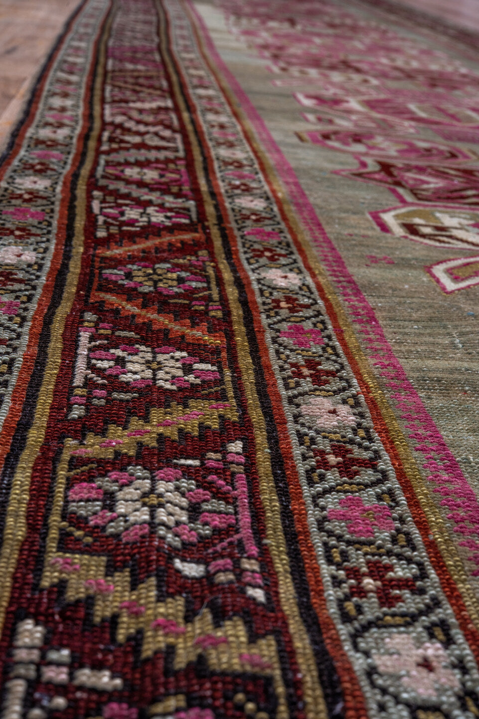 3' x 17' one-of-a-kind handmade vintage Caucasian runner rug. Color palette: brown, gray, red, off-white, white, snow