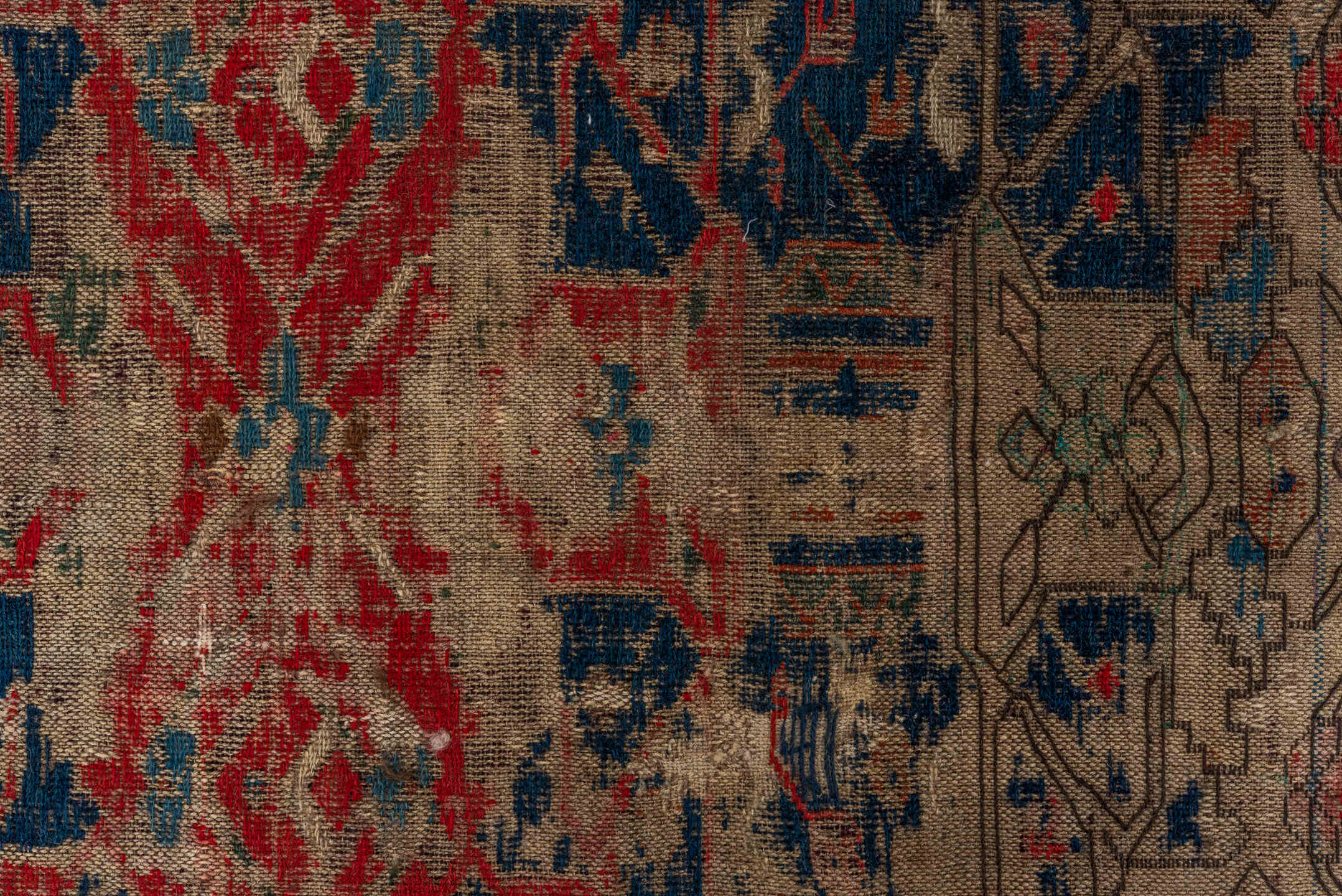 5' x 9' one-of-a-kind handmade vintage Sumak medium size rug. Color palette: brown, red, gray, black, blue, pink, charcoal