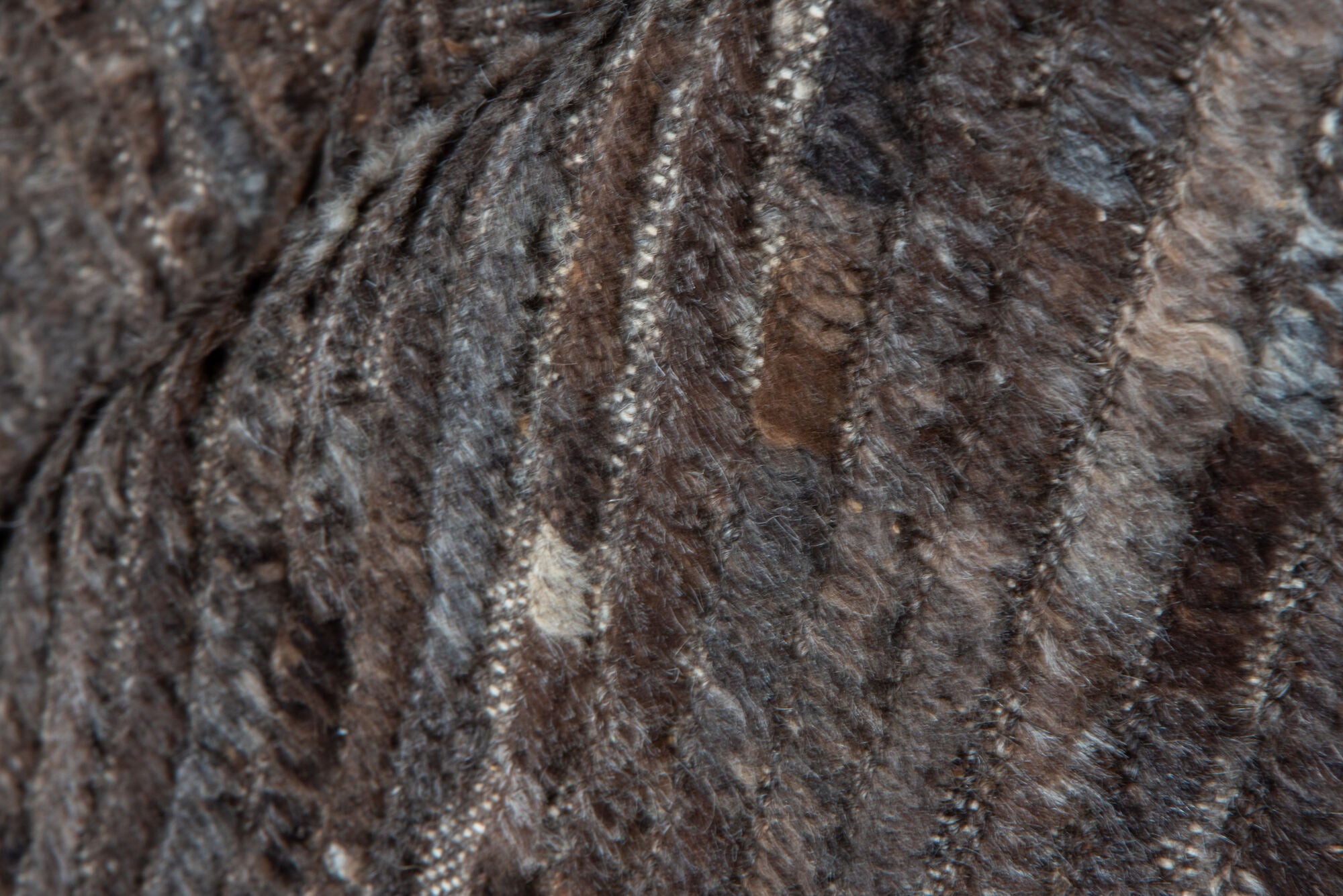 9' x 12' one-of-a-kind handmade vintage Tulu large size rug. Color palette: black, brown, gray, pink