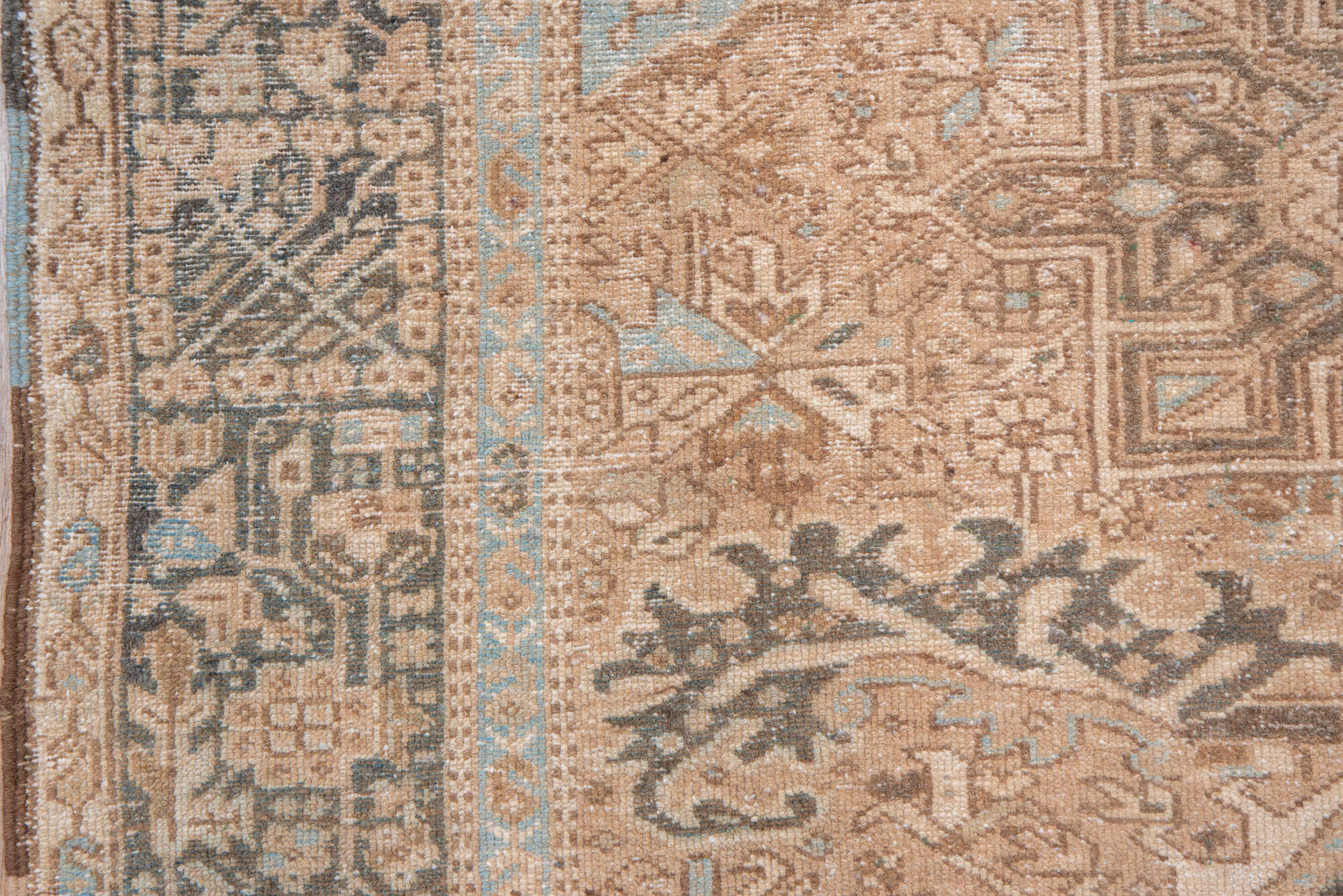 5' x 12' one-of-a-kind handmade vintage Karaje runner rug. Color palette: bisque, brown, gray, off-white, orange, pink