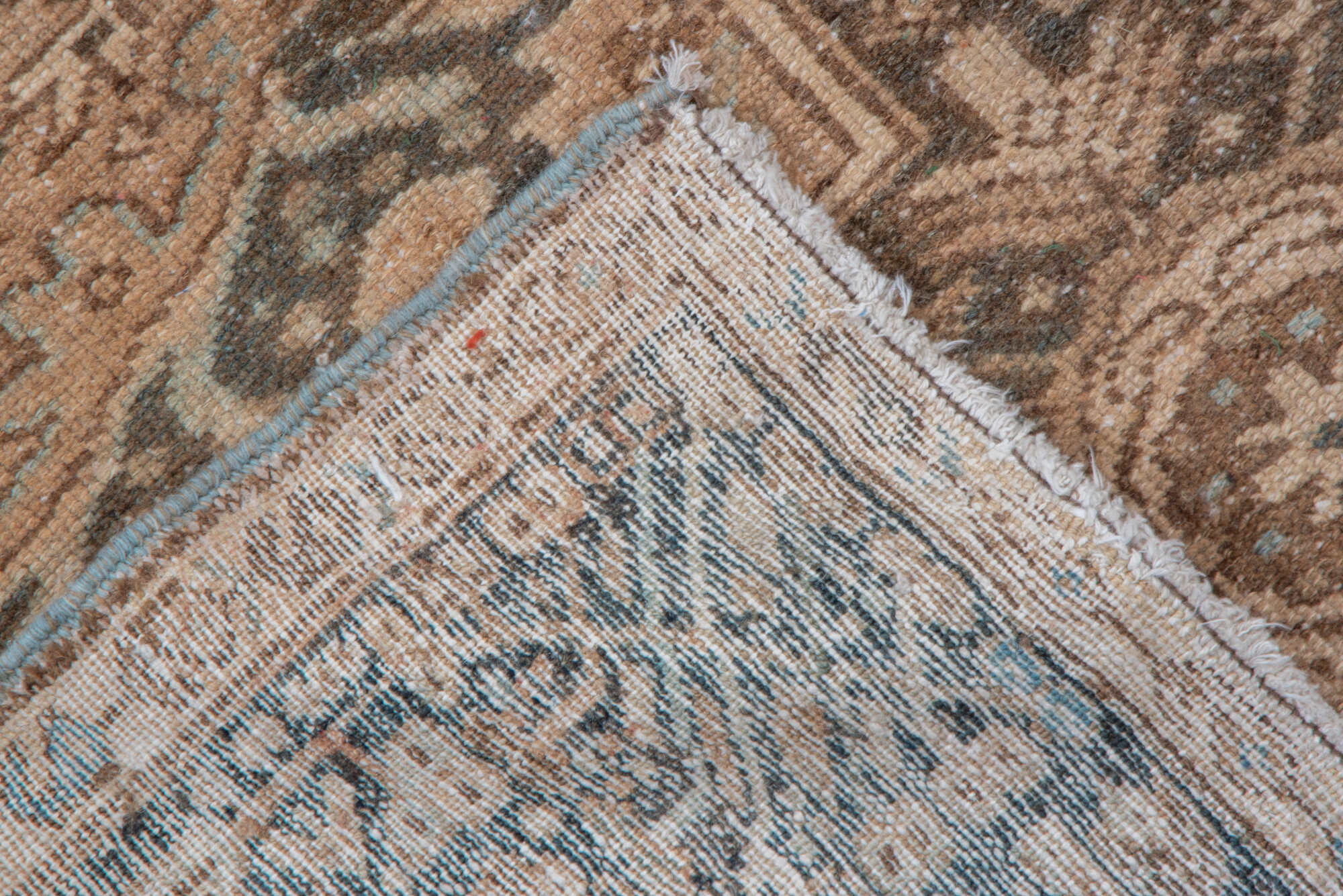 5' x 12' one-of-a-kind handmade vintage Karaje runner rug. Color palette: bisque, brown, gray, off-white, orange, pink