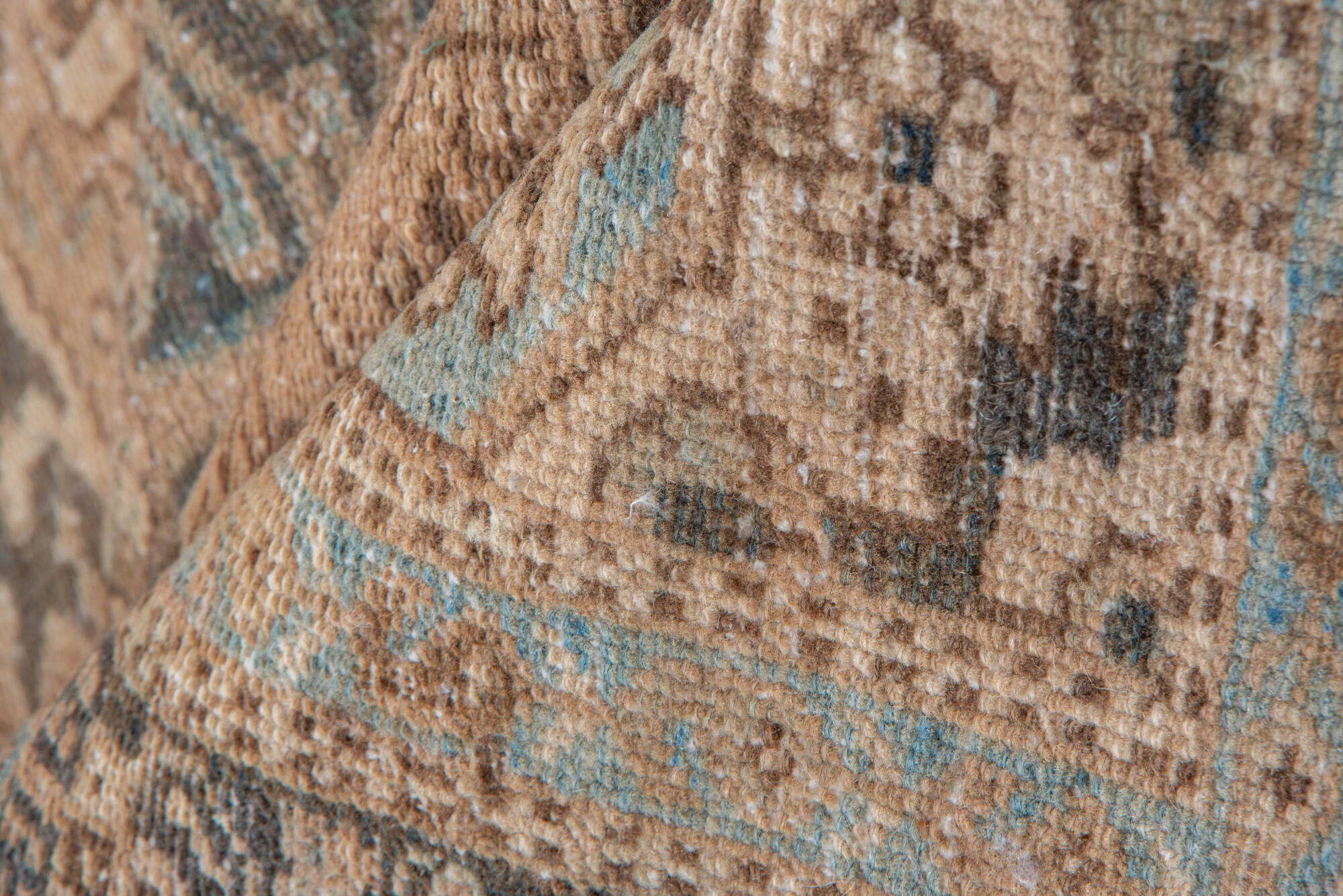 5' x 12' one-of-a-kind handmade vintage Karaje runner rug. Color palette: bisque, brown, gray, off-white, orange, pink