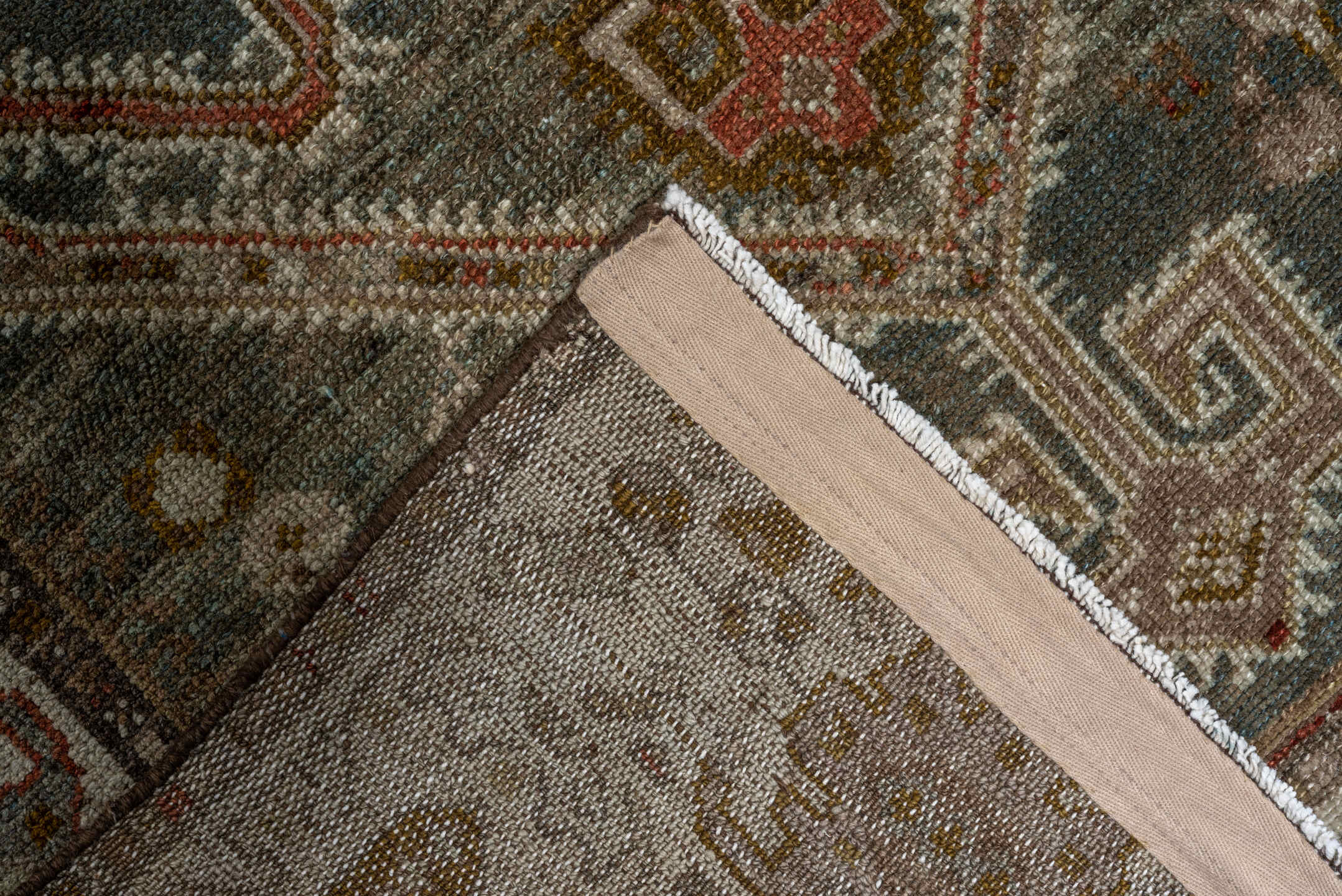 2' x 14' one-of-a-kind handmade vintage Malayer runner rug. Color palette: brown, gray, black, off-white, white, snow