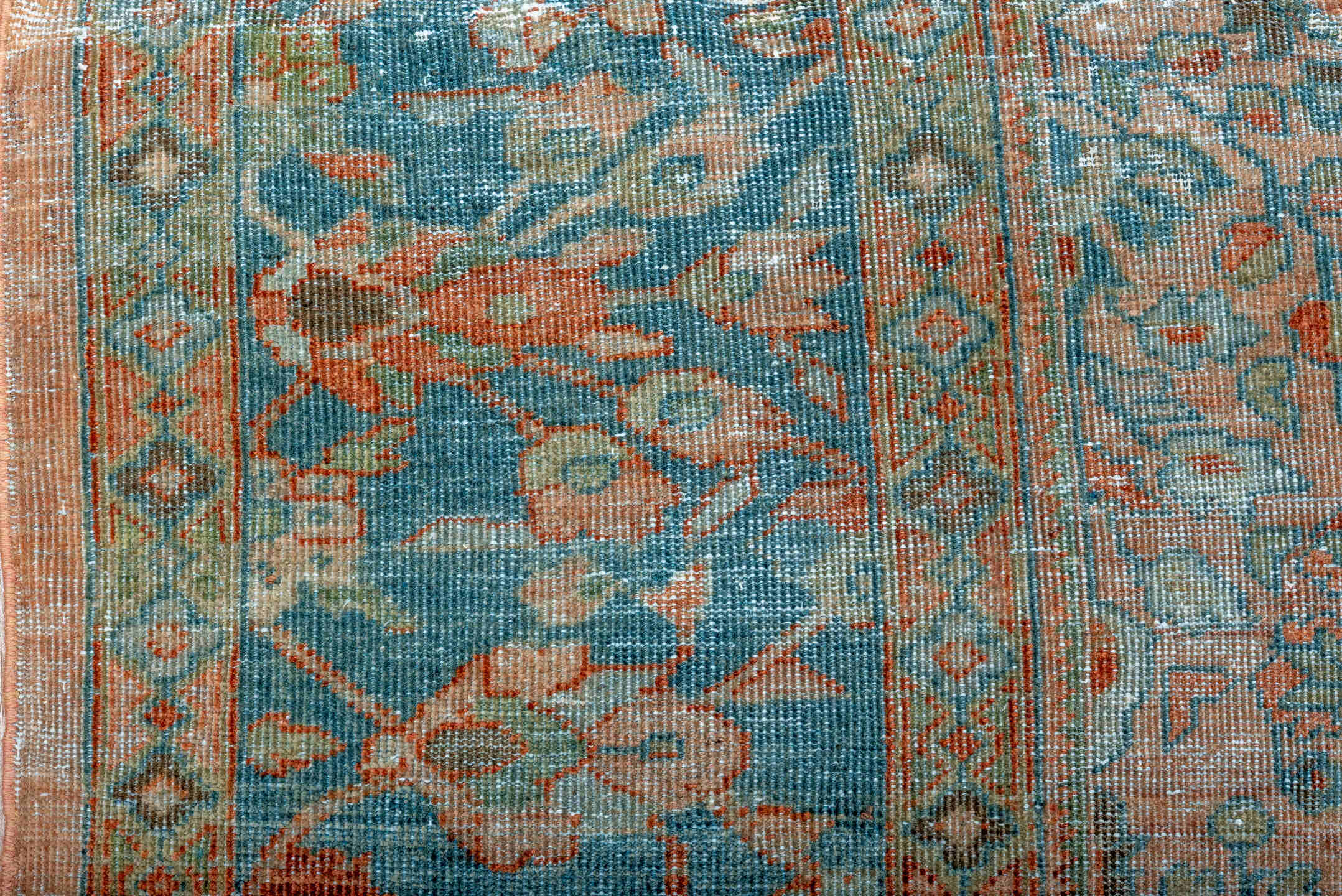 10' x 13' one-of-a-kind handmade vintage Mahal large size rug. Color palette: brown, gray, off-white, blue, light gray