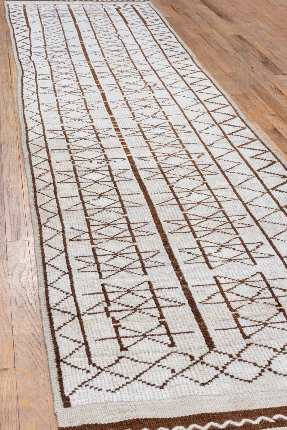 2' x 12' one-of-a-kind handmade vintage Kars runner rug. Color palette: brown, gray, off-white, light gray, gainsboro, white
