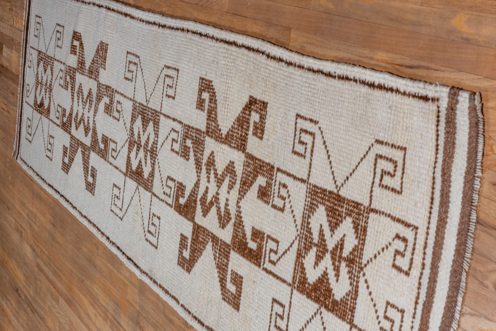 3' x 10' one-of-a-kind handmade vintage Kars runner rug. Color palette: brown, gainsboro, gray, light gray, linen, off-white