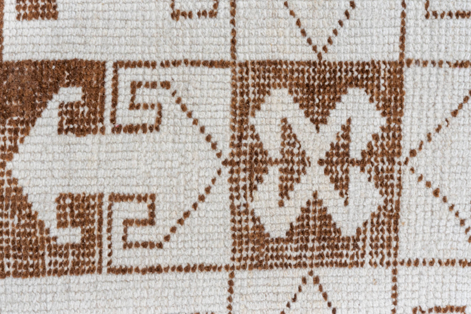 3' x 10' one-of-a-kind handmade vintage Kars runner rug. Color palette: brown, gainsboro, gray, light gray, linen, off-white