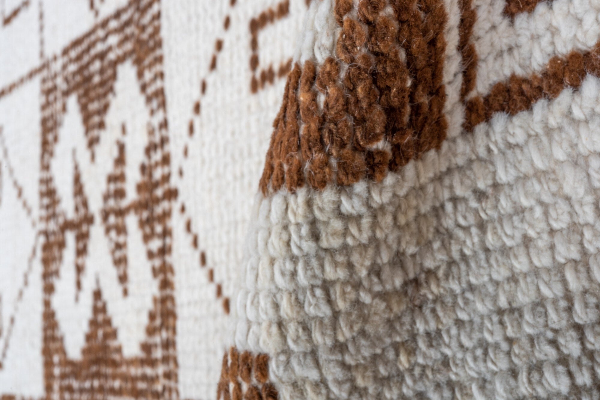 3' x 10' one-of-a-kind handmade vintage Kars runner rug. Color palette: brown, gainsboro, gray, light gray, linen, off-white