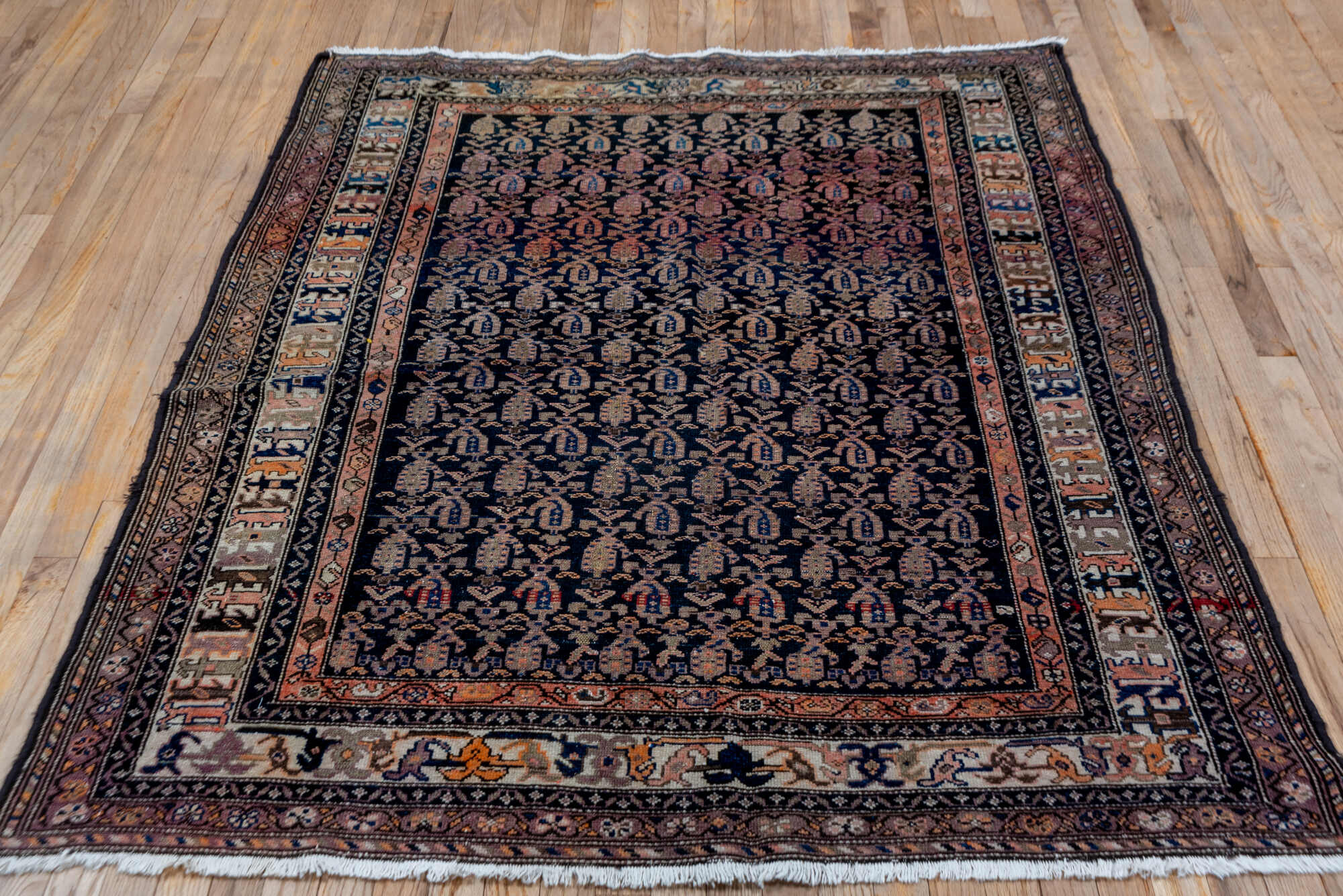 4' x 6' one-of-a-kind handmade vintage Malayer small size rug. Color palette: black, brown, gray, pink, red, redwood, sienna