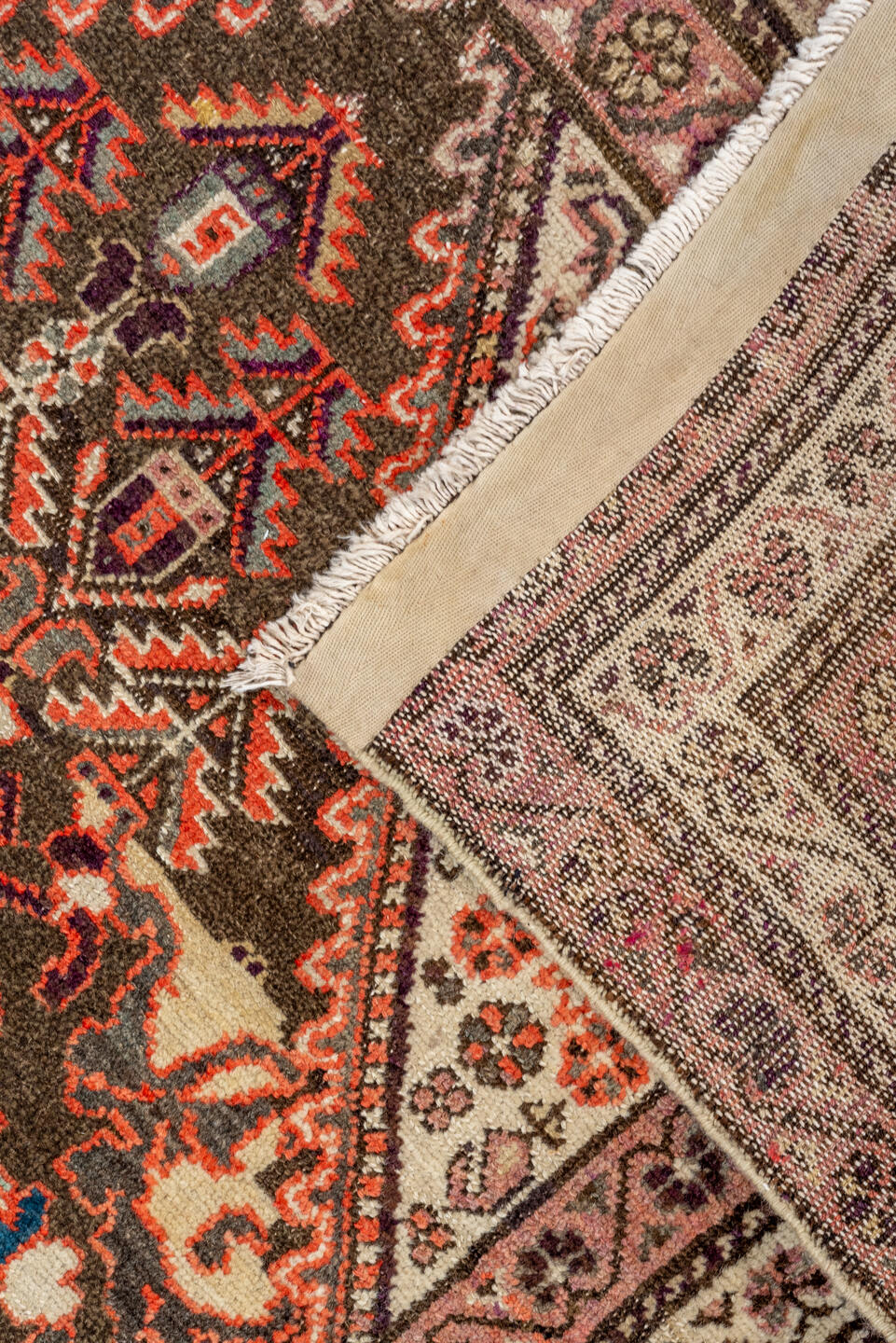 3' x 5' one-of-a-kind handmade vintage Malayer small size rug. Color palette: brown, orange, off-white, pink, red, black