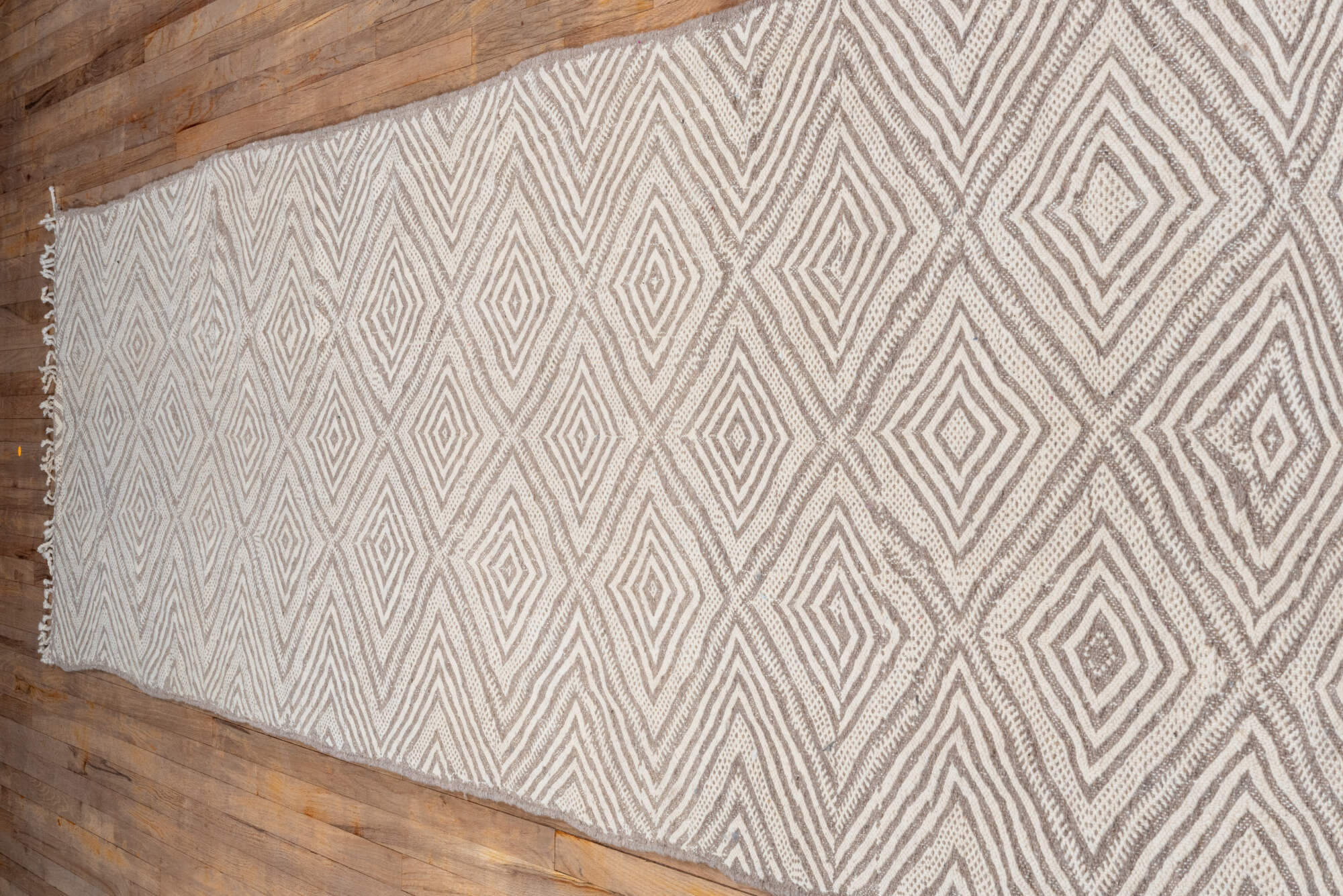 3' x 13' one-of-a-kind handmade vintage Kilim runner rug. Color palette: brown, gray, light gray, off-white, orange, pink