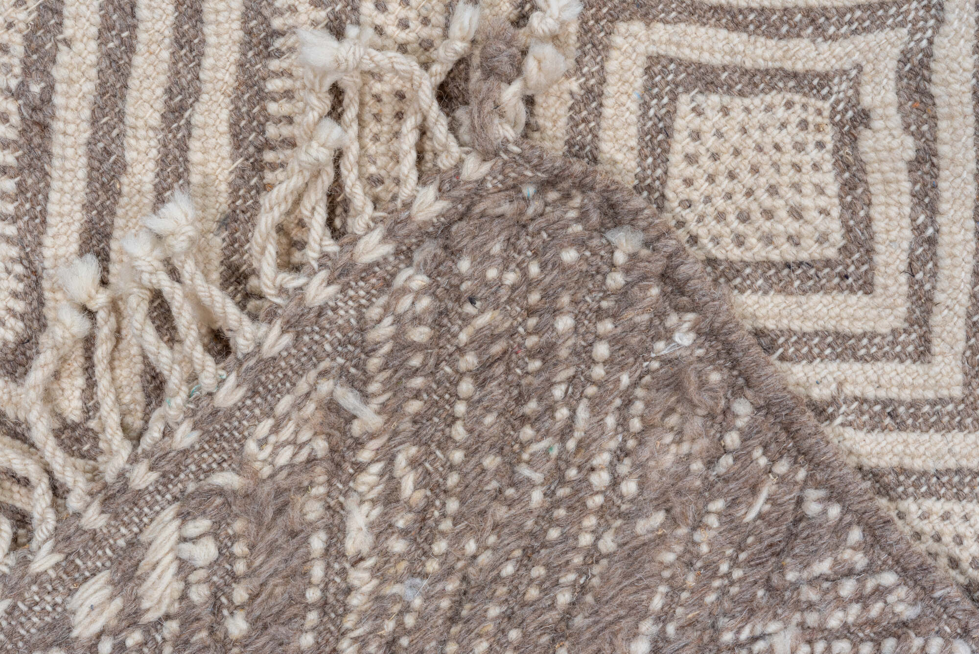 3' x 13' one-of-a-kind handmade vintage Kilim runner rug. Color palette: brown, gray, light gray, off-white, orange, pink