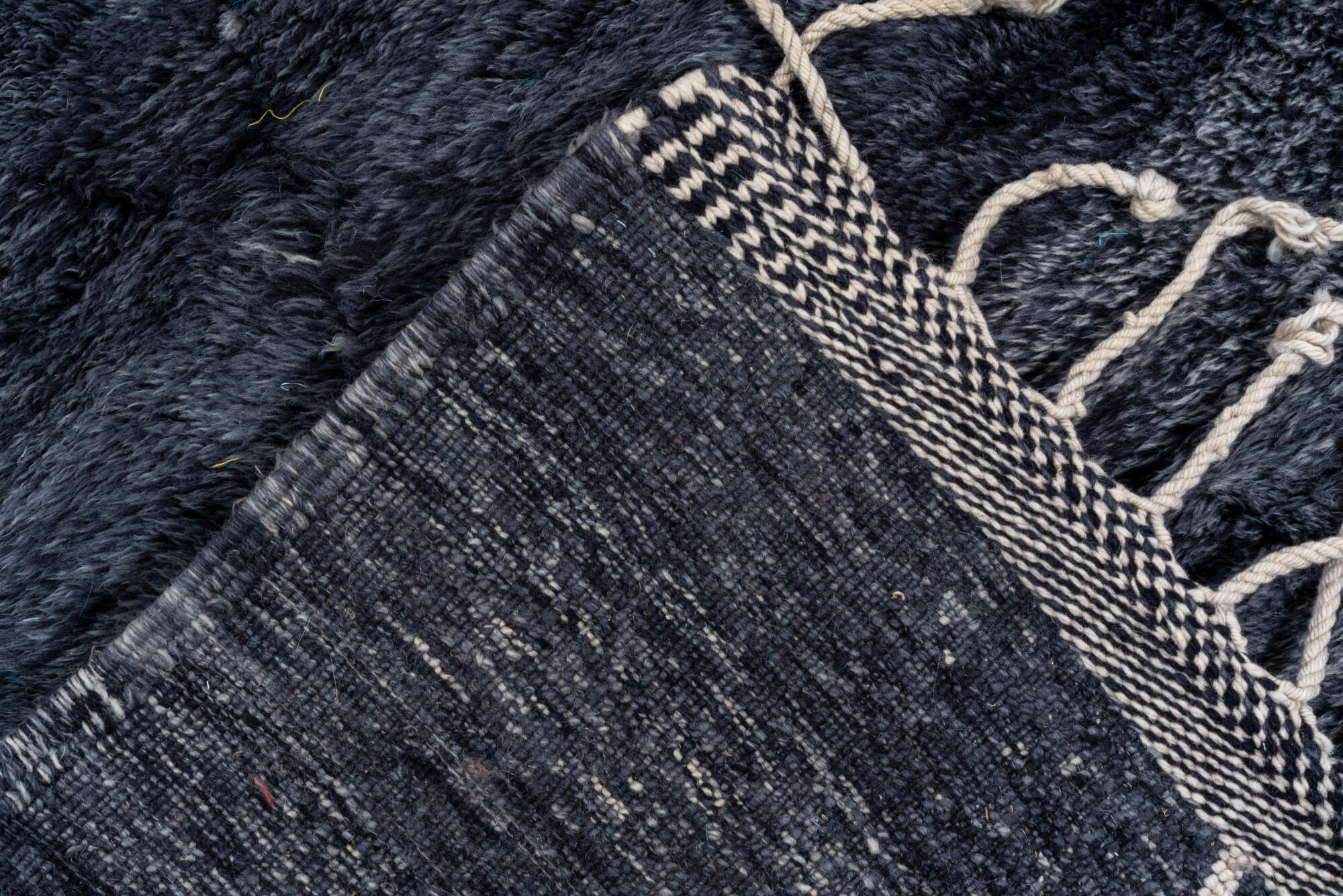 11' x 14' one-of-a-kind handmade vintage Moroccan oversize rug. Color palette: black, blue, charcoal, dark gray, dim gray