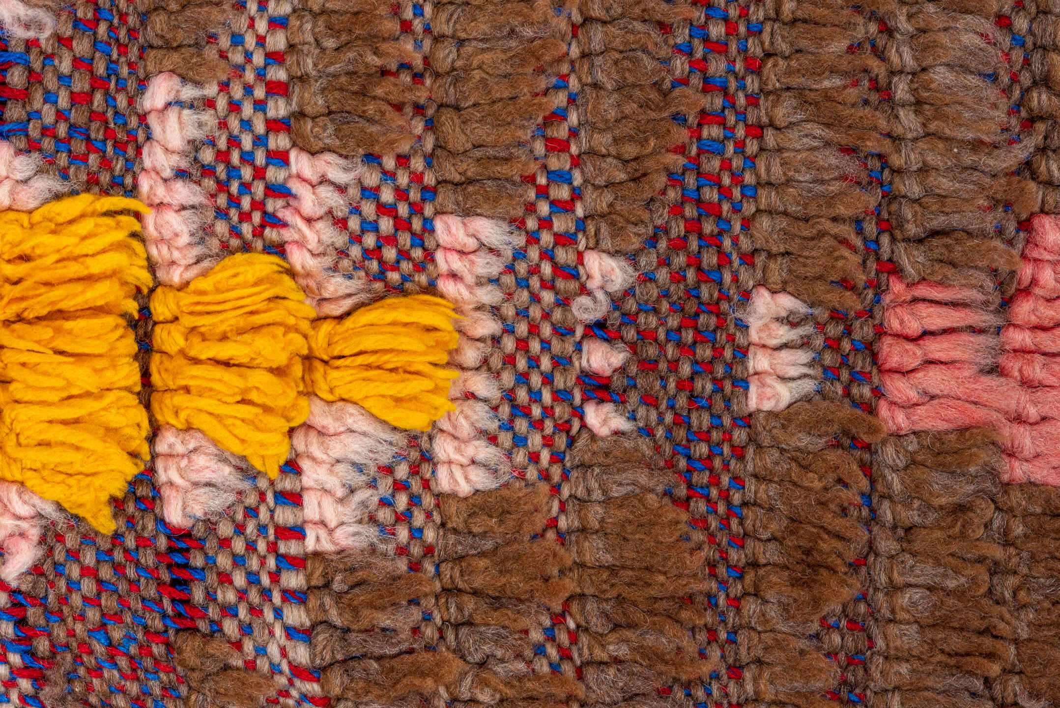 3' x 7' one-of-a-kind handmade vintage Moroccan rug. Color palette: pink, gray, light gray, brown, orange, off-white, blue