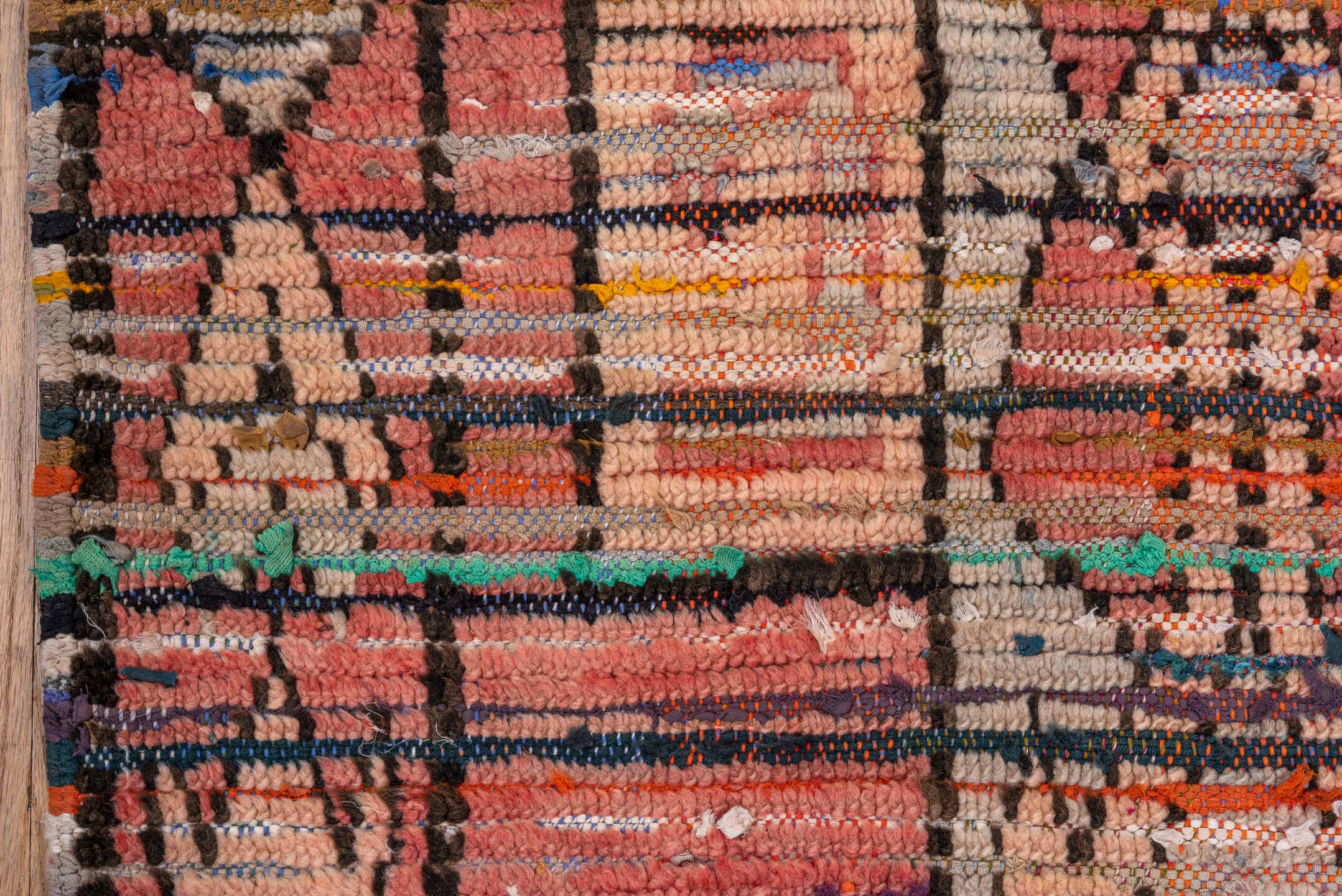 3' x 8' one-of-a-kind handmade vintage Moroccan runner rug. Color palette: pink, brown, blue, green, gray, red, orange
