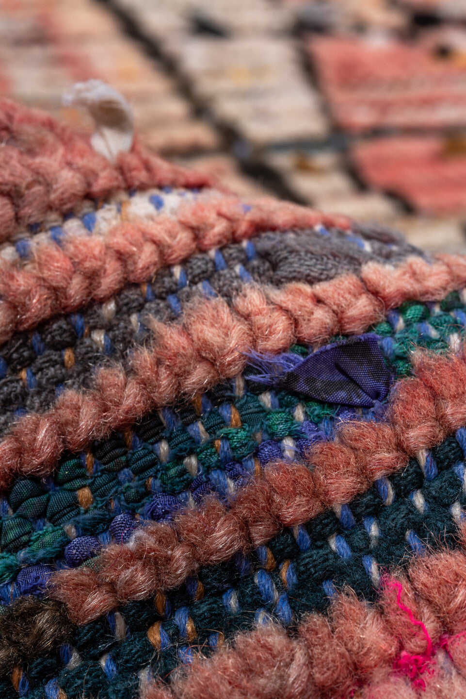 3' x 8' one-of-a-kind handmade vintage Moroccan runner rug. Color palette: pink, brown, blue, green, gray, red, orange