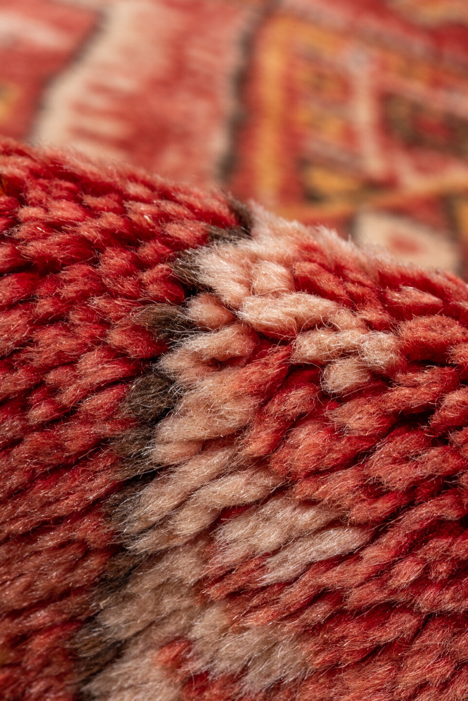 5' x 8' one-of-a-kind handmade vintage Moroccan medium size rug. Color palette: brown, pink, red, orange, dark red, peru