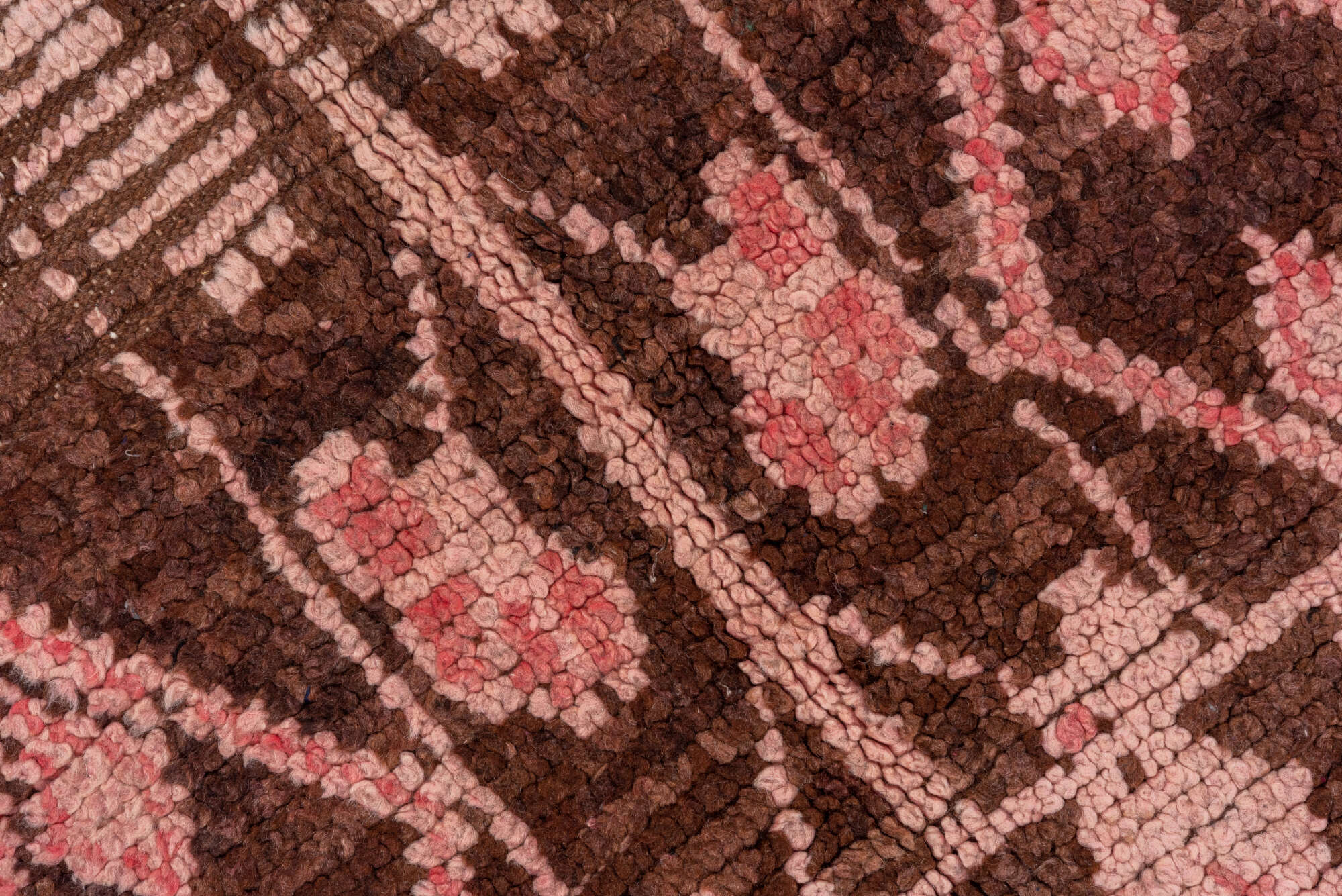 3' x 6' one-of-a-kind handmade vintage Moroccan small size rug. Color palette: brown, pink, red