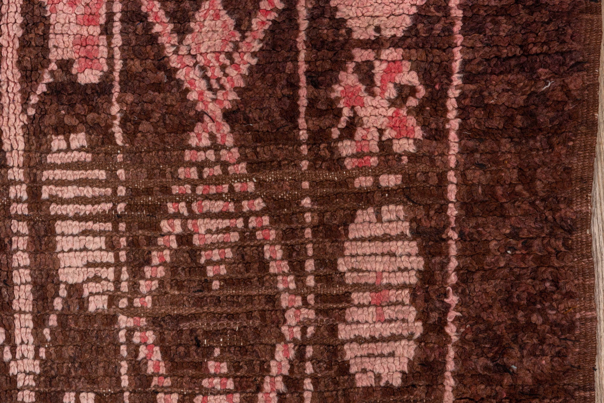 3' x 6' one-of-a-kind handmade vintage Moroccan small size rug. Color palette: brown, pink, red