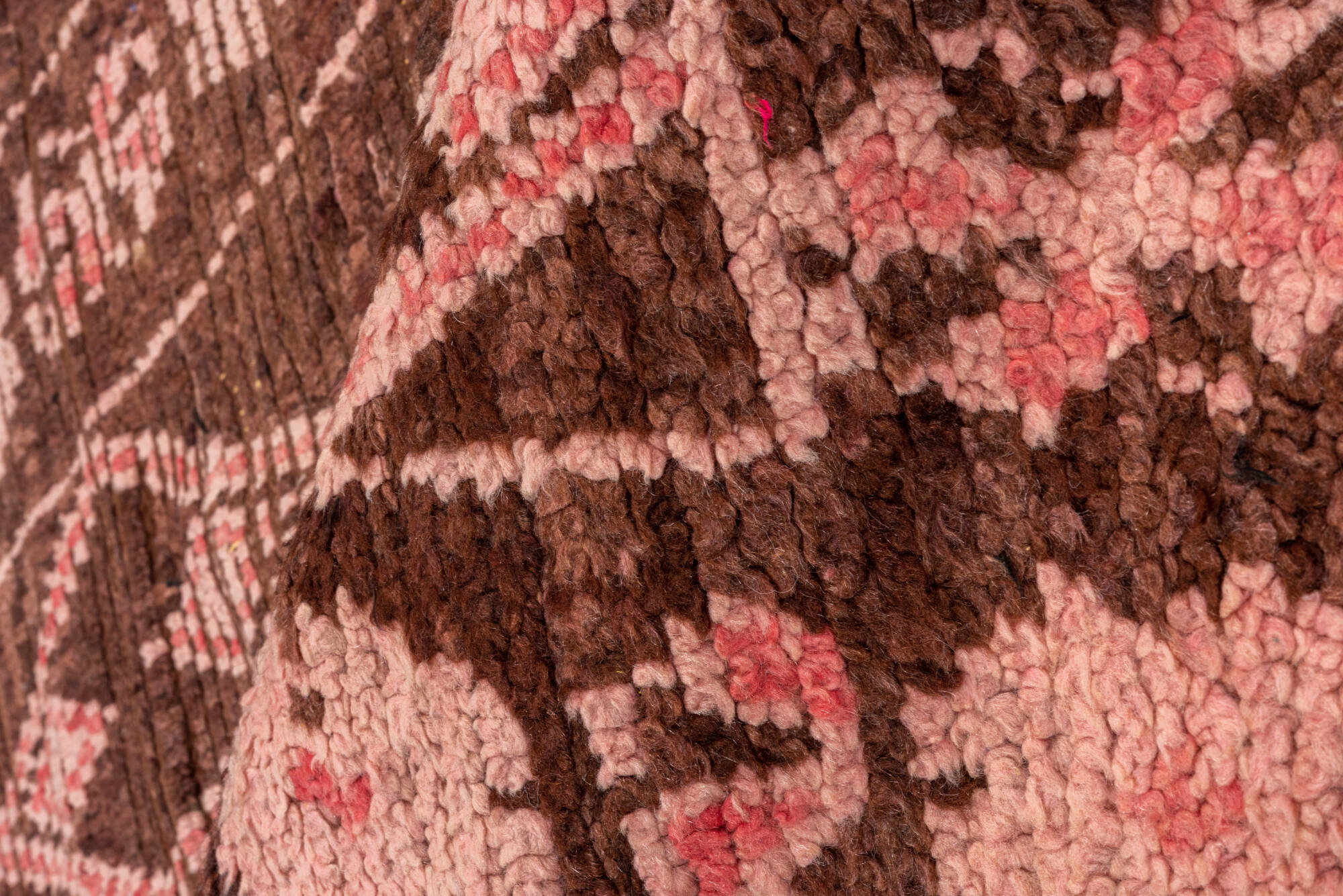 3' x 6' one-of-a-kind handmade vintage Moroccan small size rug. Color palette: brown, pink, red
