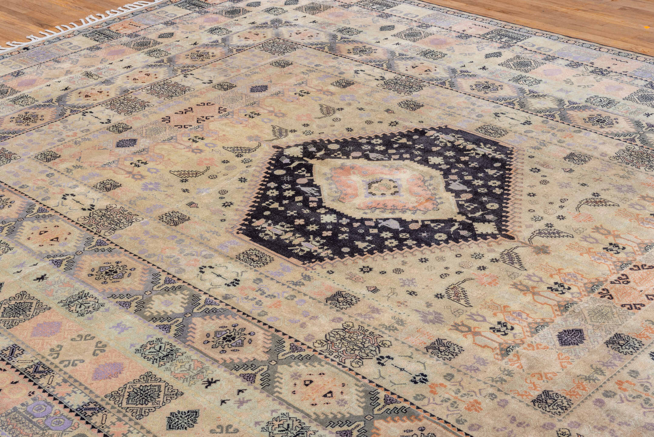 9' x 13' one-of-a-kind handmade vintage Moroccan large size rug. Color palette: gray, blue, brown, light gray, pink