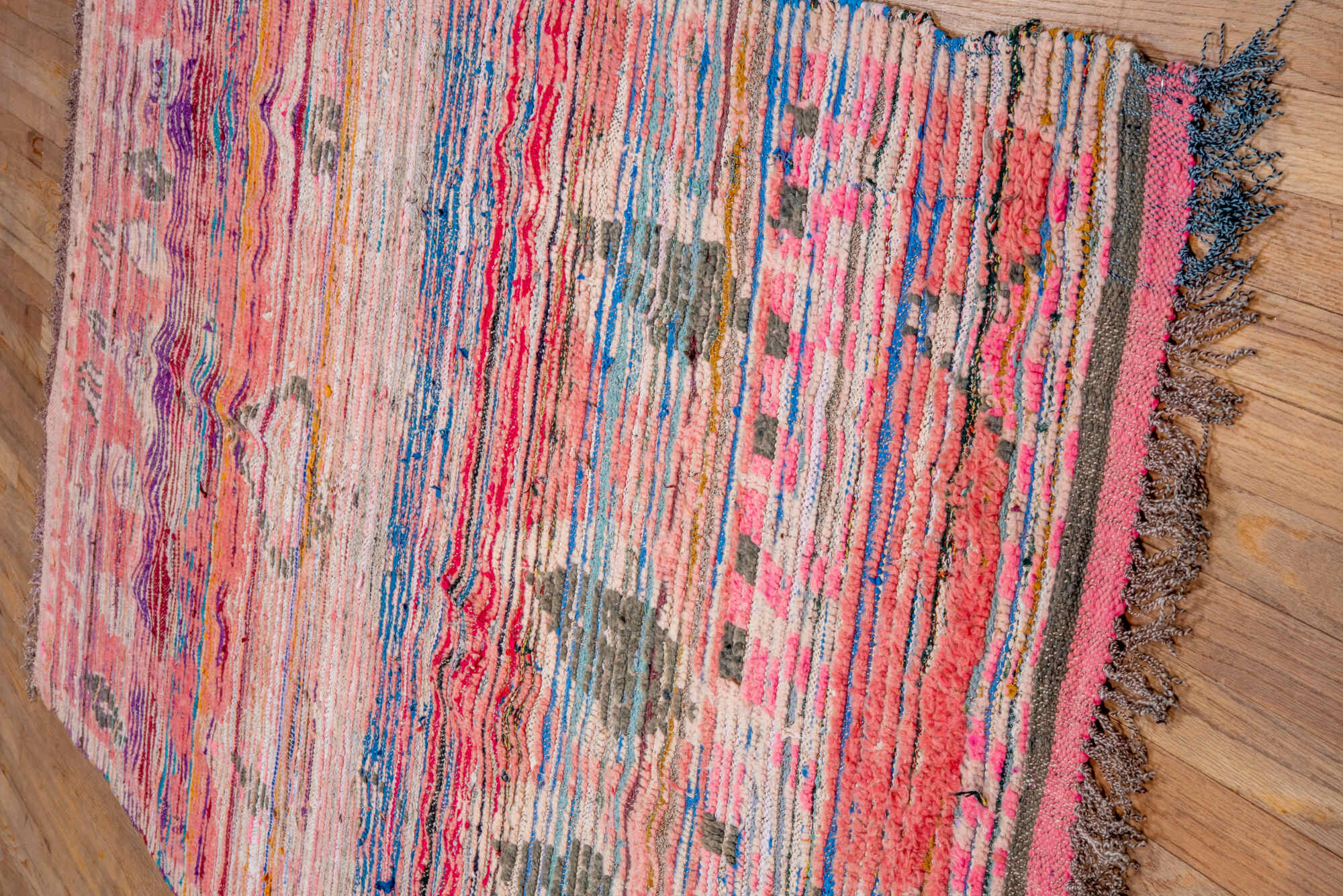 4' x 6' one-of-a-kind handmade vintage Moroccan small size rug. Color palette: blue, brown, gray, light gray, off-white