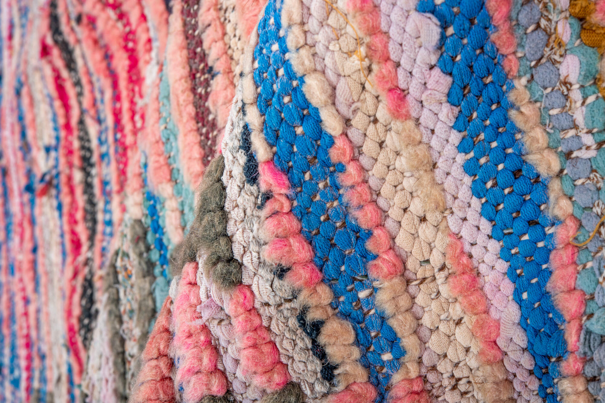 4' x 6' one-of-a-kind handmade vintage Moroccan small size rug. Color palette: blue, brown, gray, light gray, off-white