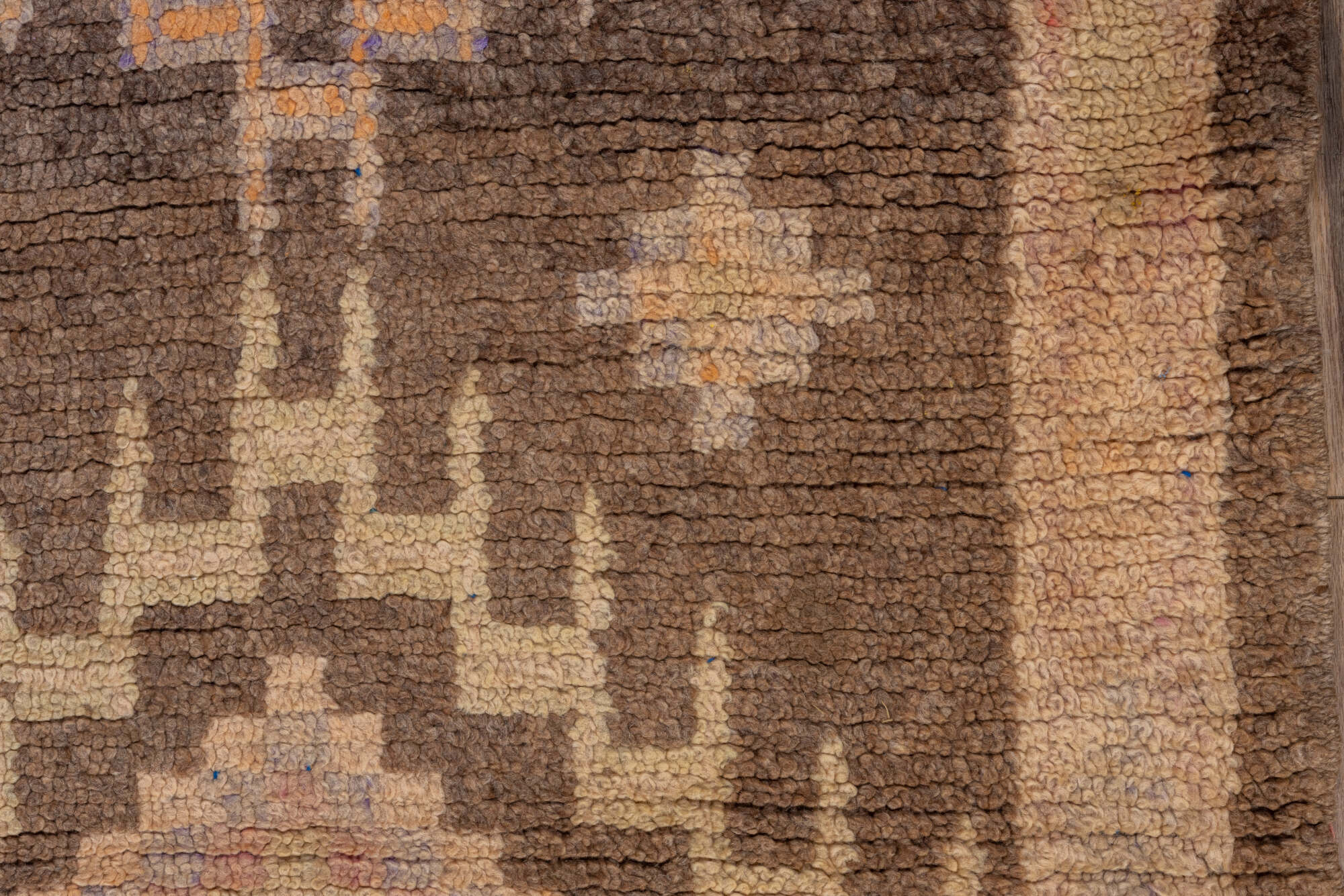 2' x 14' one-of-a-kind handmade vintage Moroccan runner rug. Color palette: blue, brown, off-white, orange, pink, snow