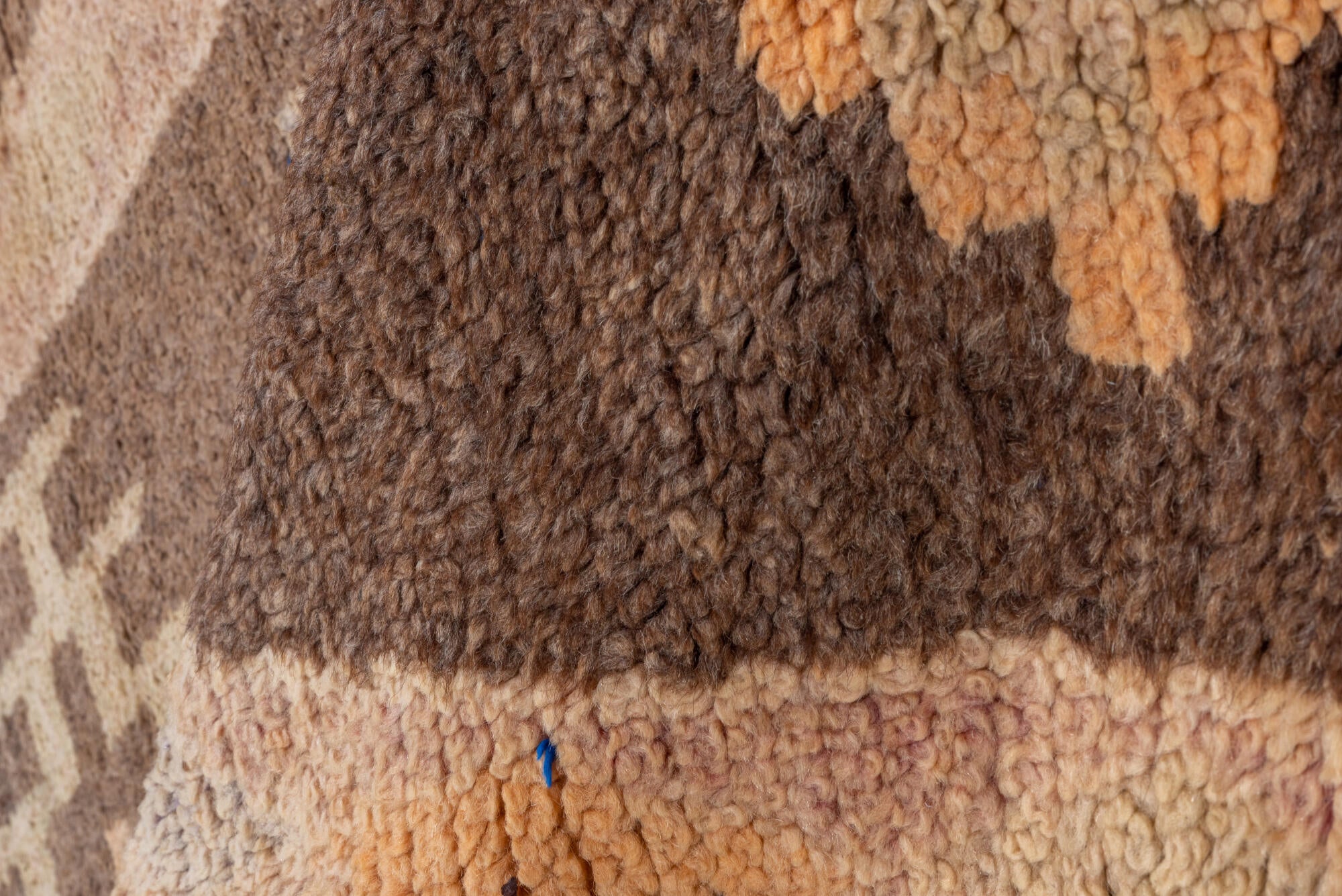 2' x 14' one-of-a-kind handmade vintage Moroccan runner rug. Color palette: blue, brown, off-white, orange, pink, snow