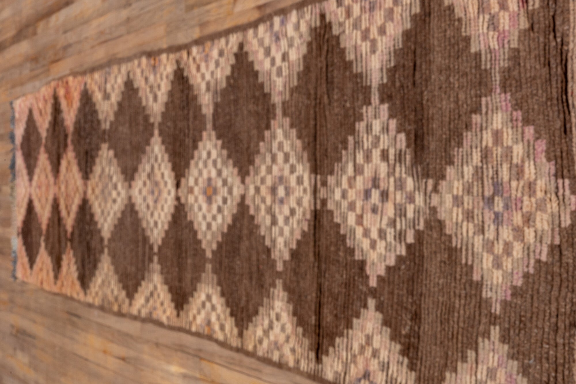 3' x 14' one-of-a-kind handmade vintage Moroccan runner rug. Color palette: brown, orange, pink