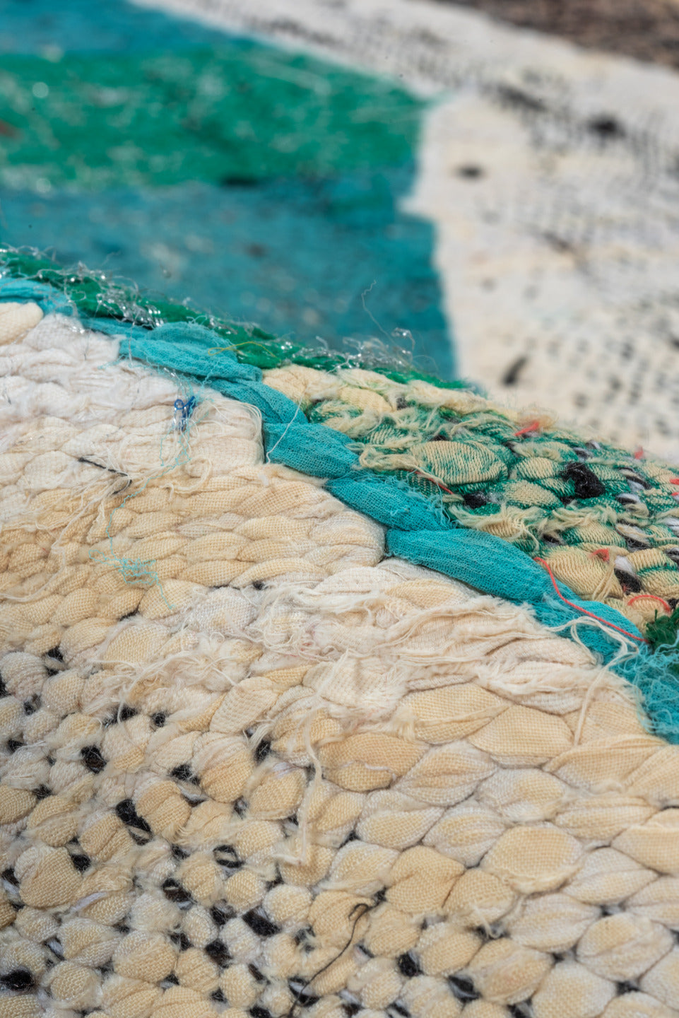 4' x 6' one-of-a-kind handmade vintage Rag Rug small size rug. Color palette: brown, gray, blue, green, light gray