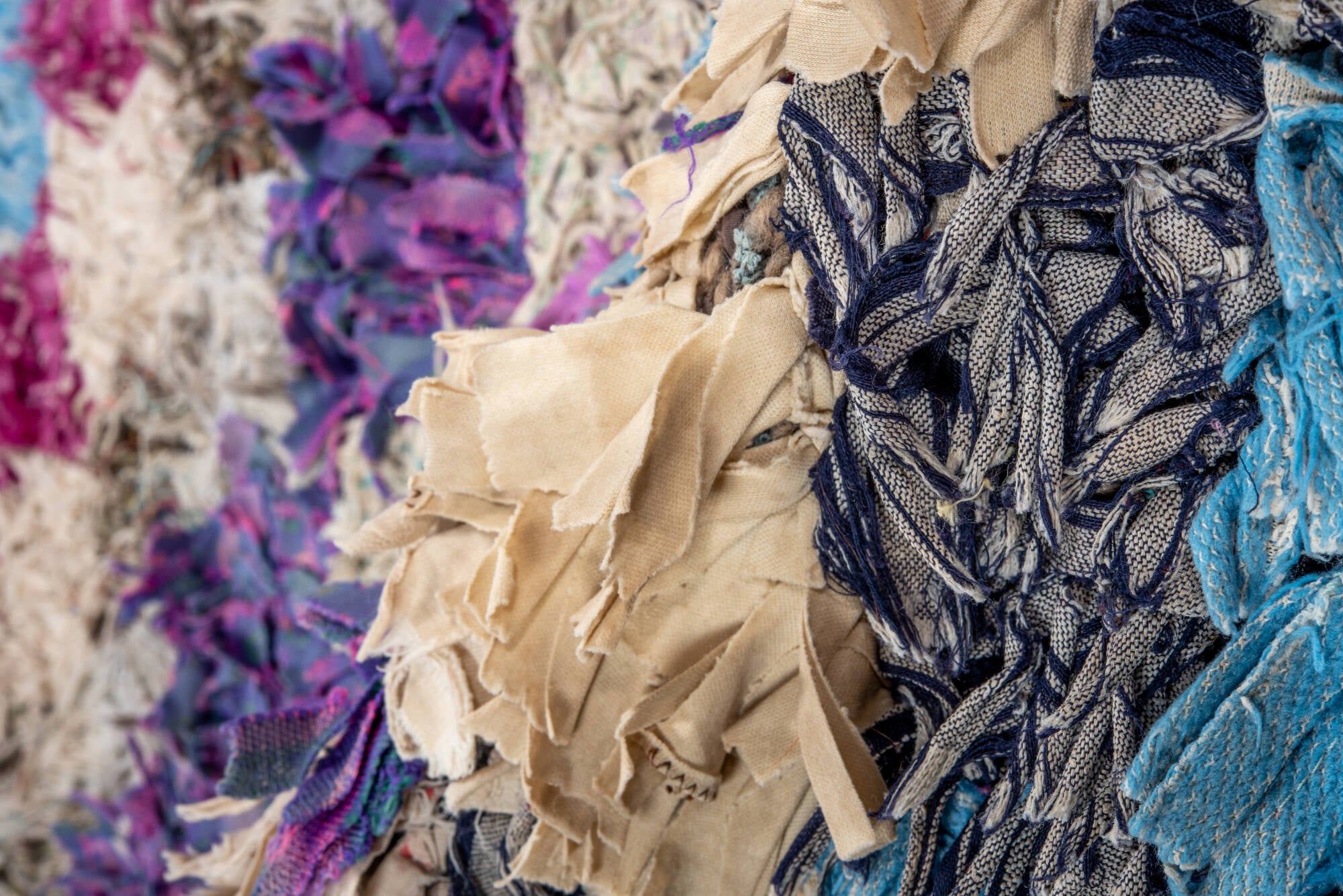 3' x 5' one-of-a-kind handmade vintage Rag Rug small size rug. Color palette: blue, gray, light blue, light gray, off-white