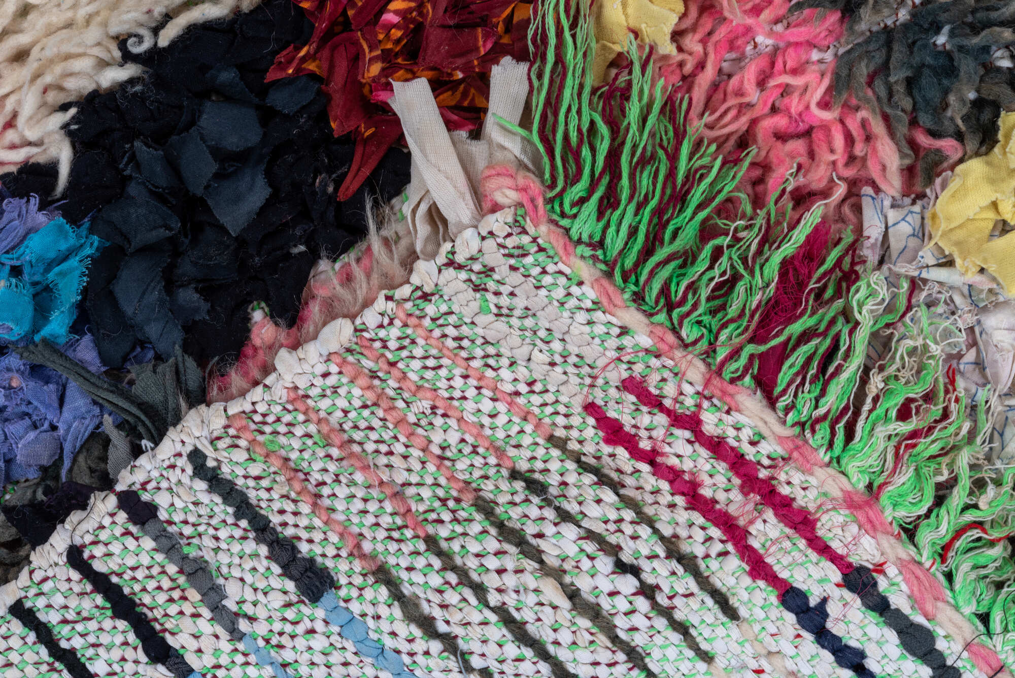 3' x 5' one-of-a-kind handmade vintage Rag Rug small size rug. Color palette: blue, brown, burgundy, fire brick, gray, green