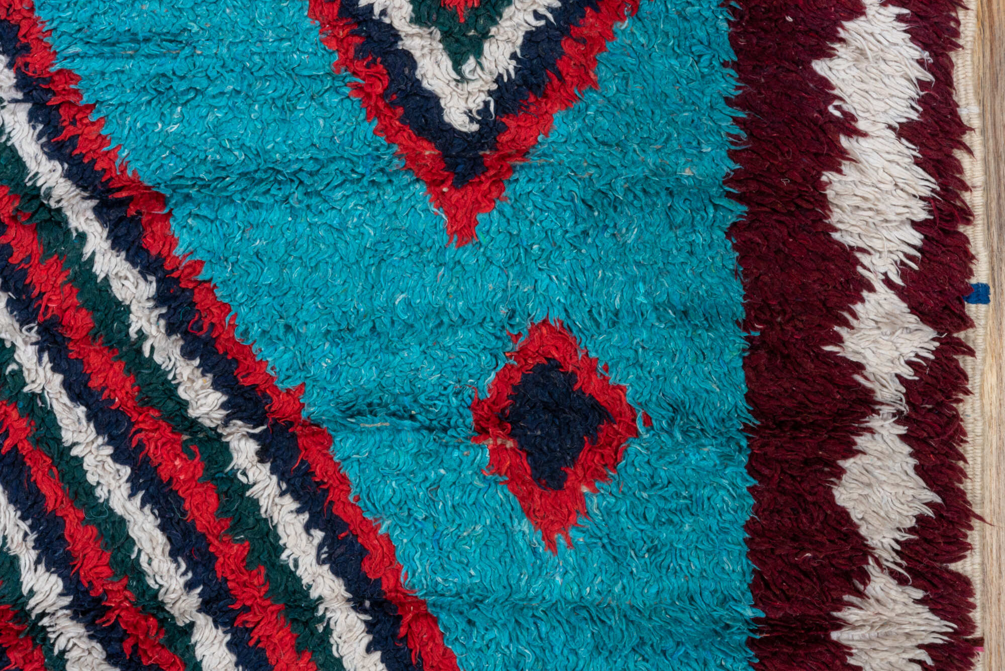 3' x 6' one-of-a-kind handmade vintage Rag Rug small size rug. Color palette: black, blue, brown, gray, light gray