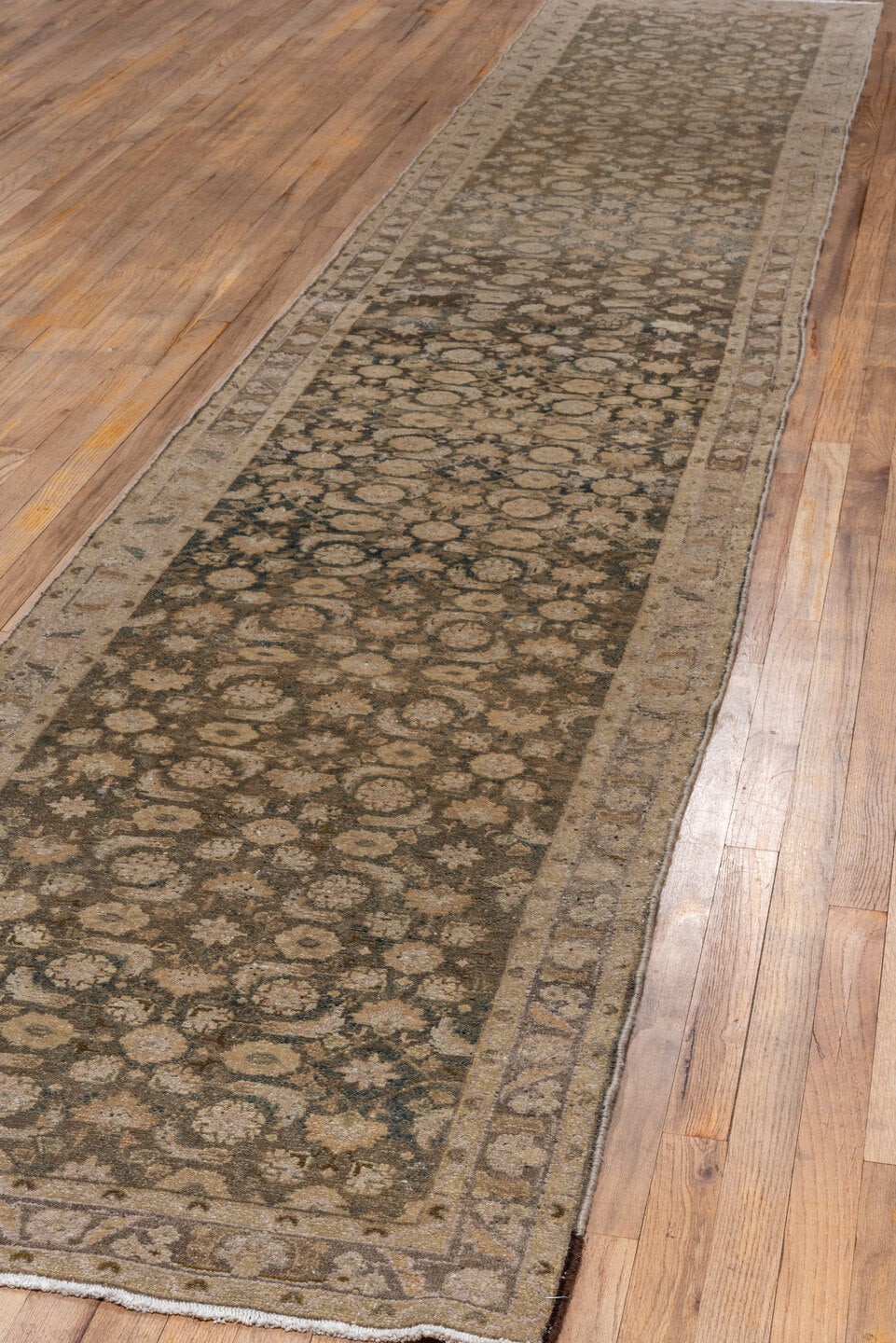 2' x 15' one-of-a-kind handmade vintage Malayer runner rug. Color palette: gray, black, off-white, charcoal, white, snow