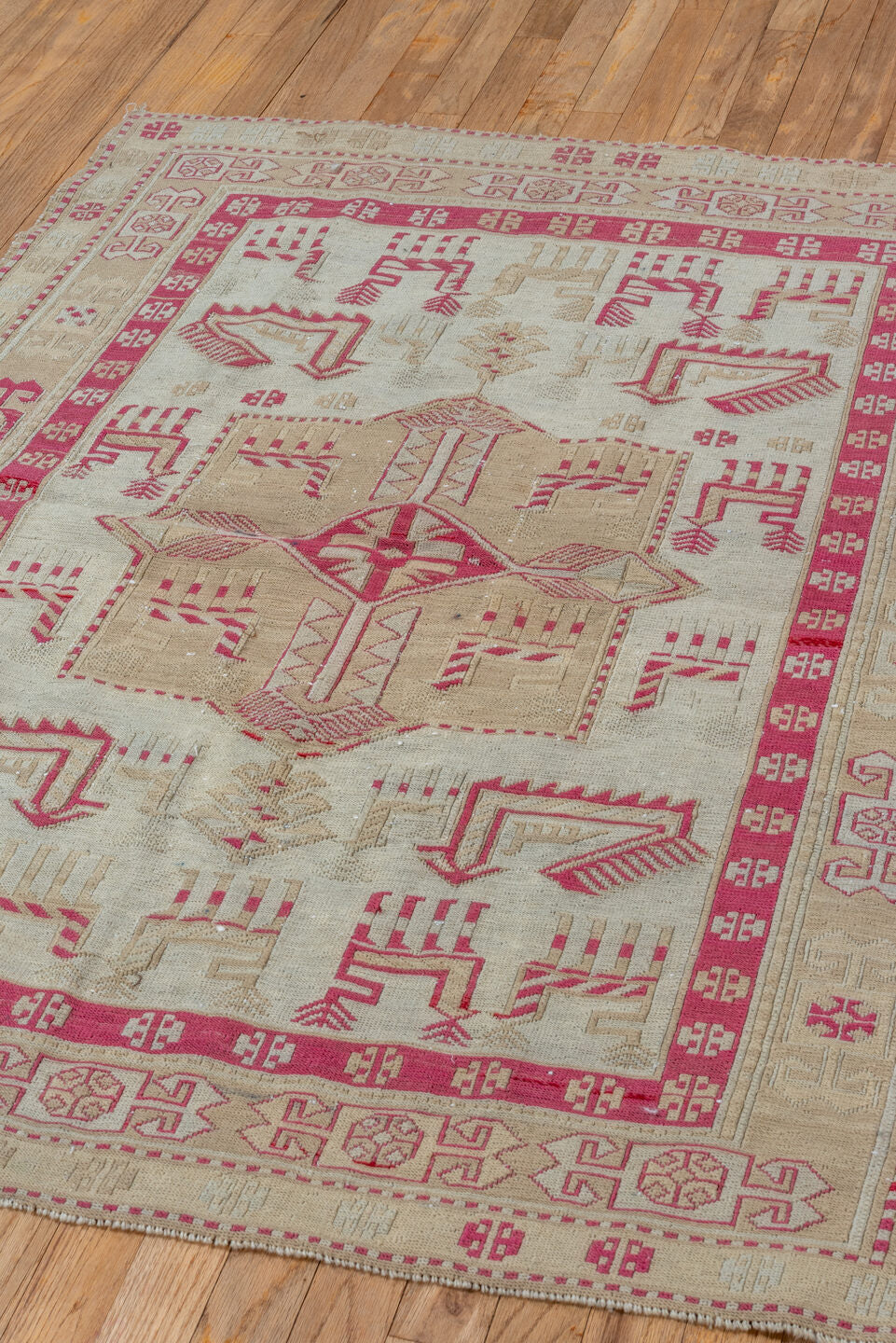 3' x 4' one-of-a-kind handmade vintage Sumak small size rug. Color palette: red, brown, gray, off-white, light gray, pink